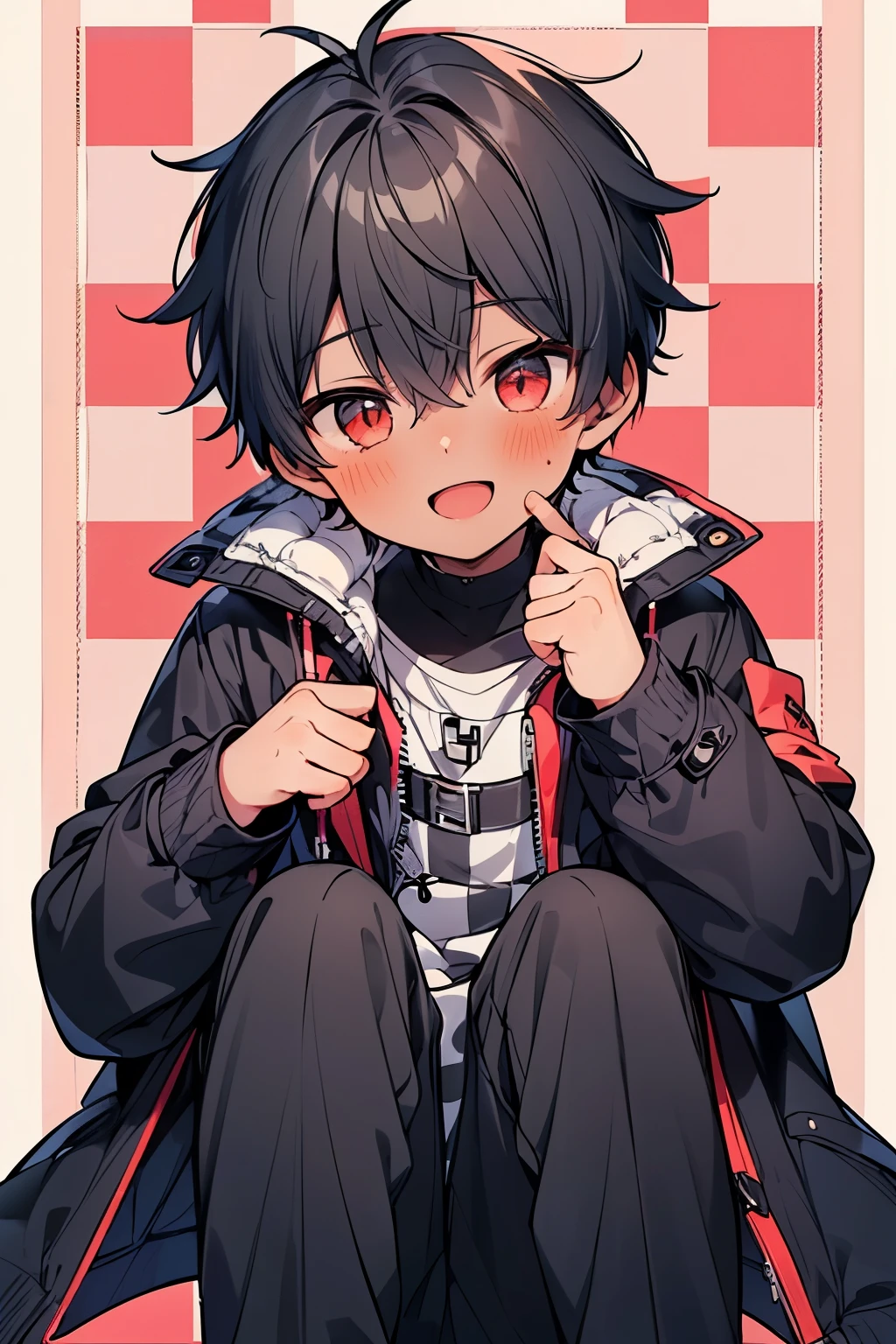 ((1-boy :1.5)),((gay:1.3)),((male:1.2)), smiling face with open mouth ,(( Mark:1.0)),(knee length puffer jacket:1.0),(sheer jacket:1.2),violet hair,red eyes,((Checker pattern background:1.3)),(NSFW:0.8),(( begging pose:1.0)),((Dark skinned body:1.5)),