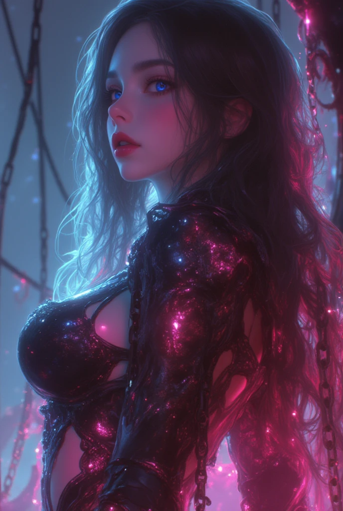 Create a sleeping My hero academia style woman with long black hair and purple streaks that glow in the dark,Red eyes,White skin,fitness body