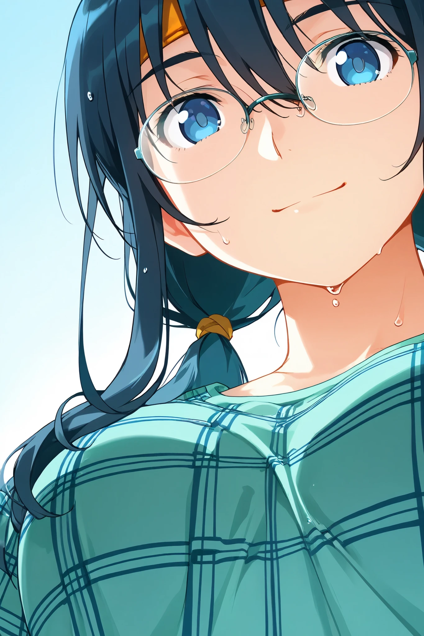 saori_makishima,1 female,solo,
Extreme close-up under the chest, low angle, smile,
I_,wet black hair,low twintails,blue hair, long hair,half updo,hair between eyes,blue eyes,looking at viewer,
shirt,glasses,headband,plaid shirt