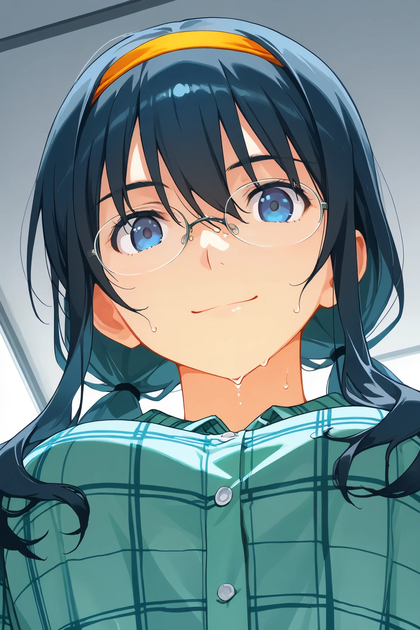 saori_makishima,1 female,solo,
Extreme close-up under the chest, low angle, smile,
I_,wet black hair,low twintails,blue hair, long hair,half updo,hair between eyes,blue eyes,looking at viewer,
shirt,glasses,headband,plaid shirt