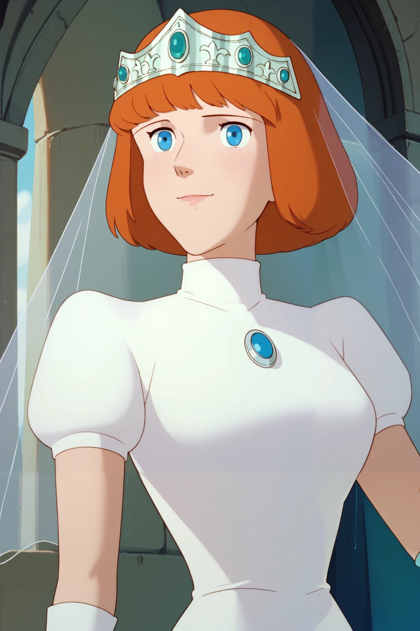 Clarice,1 female,orange hair,blue eyes,bob_cut,pretty,
Extreme close-up under the chest,low angle,smile, watching viewers,
Tiara,veil,white dress,turtleneck,short_sleeve,
Elbow gloves,