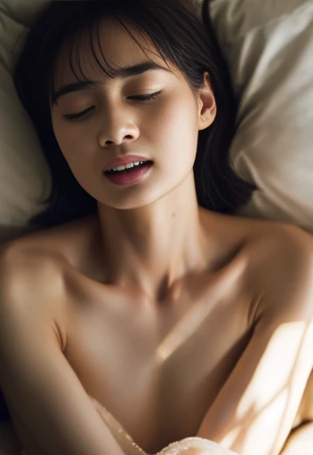 Ultra-high resolution, (Realistic: 1.4), RAW Photos, highest quality, (Realisticistic), concentrate, Soft Light, ((Age 25)), ((Japanese)), (front, Young Face))), (Written boundary depth), masterpiece, (Realistic), woman, short hair、Black Hair,  Bedroom, Small breasts、Small breasts、Sleep on your back:1.5、pajamas:1.5、pajamas、whole body、close your eyes、Grit your teeth:1.5