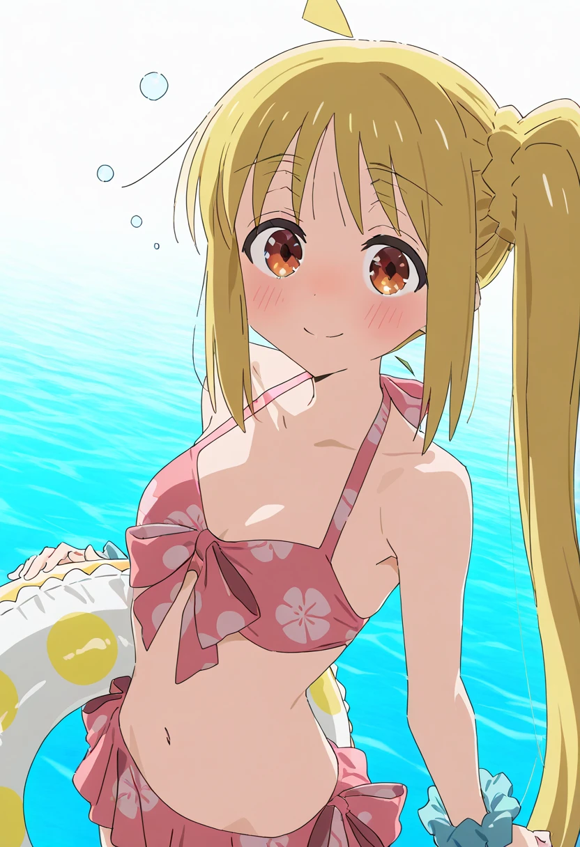 Masterpiece、Masterpiece、smile、Open your mouth、Twin tails、Blonde、cute ruffle swimsuit、Red ribbon、Seaside、Beach parasol、Sandy Beach、Ripples、Lean forward with your hands on your knees、Sunshine、Close-up of face、Cleavage、Beautiful Skin