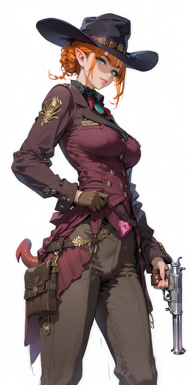Two long thighs, short hair, large breasts, detached sleeves, very white background, royal tiara, long cape, yellow tiger bikini, high heels, hands on hips. red tattoo on belly navel, full body female MILF BIMBO, lustful smirking smile face (red blush), metal shoulders, golden bracers sleeveless, black choker sex slave, blindfolded, leather corset abs navel, parted lips, blindfolded