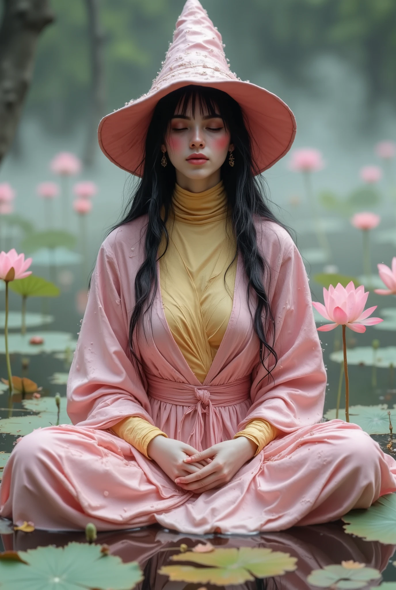 (photorealism:1.2), A premium high-resolution photograph showcasing a graceful witch girl in a lotus pose. wearing rich pinks robe and wizard hat, with cream yellow turttleneck inside robe. sitting middle biggest lake. surrounded by pale pink lotus flowers that seem to float in a dreamy mist. The colors are soft and ethereal, with an emphasis on pale pinks, whites, and pastels. The lighting is soft and diffused, creating a sense of peace and tranquility. The photograph has a mysterious and enigmatic mood and feeling, focusing on inner peace and serenity. The witch girl's face shows tranquility, and her eyes are closed, reflecting inner calmness. The photograph should be rich in detail, with exquisite lotus petals, mist, and lighting, highlighting composition with the woman placed in the center of the image, creating balance and a relaxing, peaceful feeling for the viewer." long black straigt bangs hair, her hair is wavy in the wind
