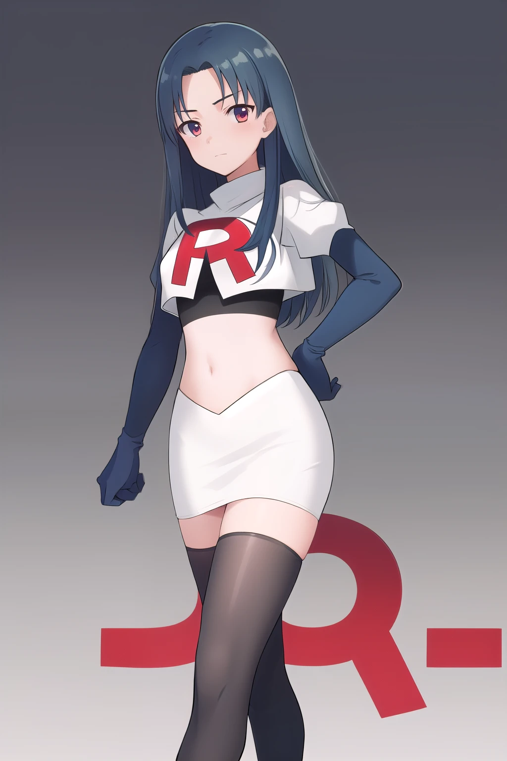 official art,anime,tsurugidef, blush,simple background,moody lighting, facing viewer,BREAK
blush, closed mouth, team rocket,team rocket uniform,white skirt,red letter R,crop top,black thigh-highs,black elbow gloves,wavy mouth,constricted eyes, constricted pupils,,
blunt bangs
