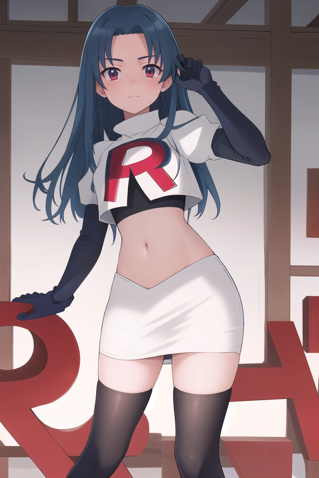 masterpiece, best quality, highres, 1girl haruka hasebe blue hair, schoolteam rocket,team rocket uniform,white skirt,red letter R,crop top,black thigh-highs,black elbow gloves