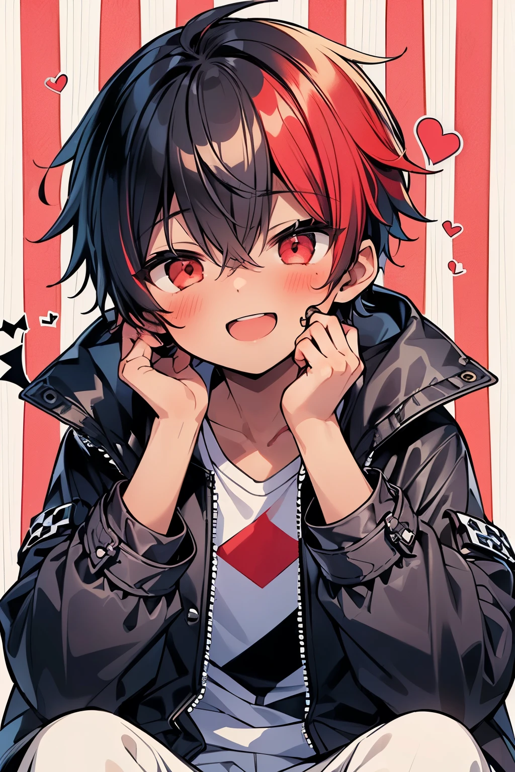 ((1-boy :1.5)),((gay:1.3)),((male:1.2)), smiling face with open mouth ,((A perverted expression full of superiority:1.0)),(ahegao:1.2),(knee length puffer jacket:1.0),(sheer jacket:1.2),RED hair,red eyes,((Checker pattern background:1.3)),(NSFW:0.8),(( begging pose:1.0)),((Dark skinned body:1.5)),close up face,((hand to own face:1.0)),