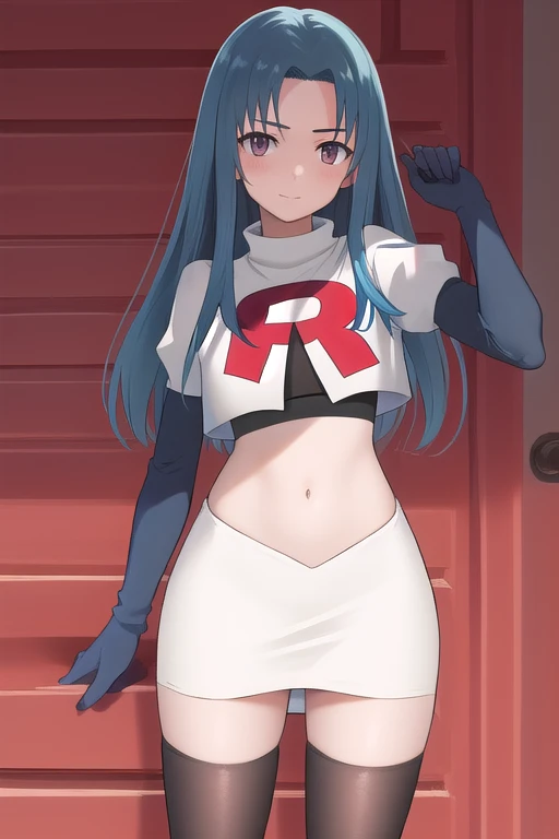 (extremely detailed CG unity 4k wallpaper),(masterpiece),(best quality),(ultra-detailed),(best illustration),(best shadow),(absurdres),(detailed background) Miku Izayoi, 1girl, long hair, solo, breasts, hair ornament, looking at viewer, blue hair, blue eyes, very long hair, bangs, blush, team rocket,team rocket uniform,white skirt,red letter R,crop top,black thigh-highs,black elbow gloves