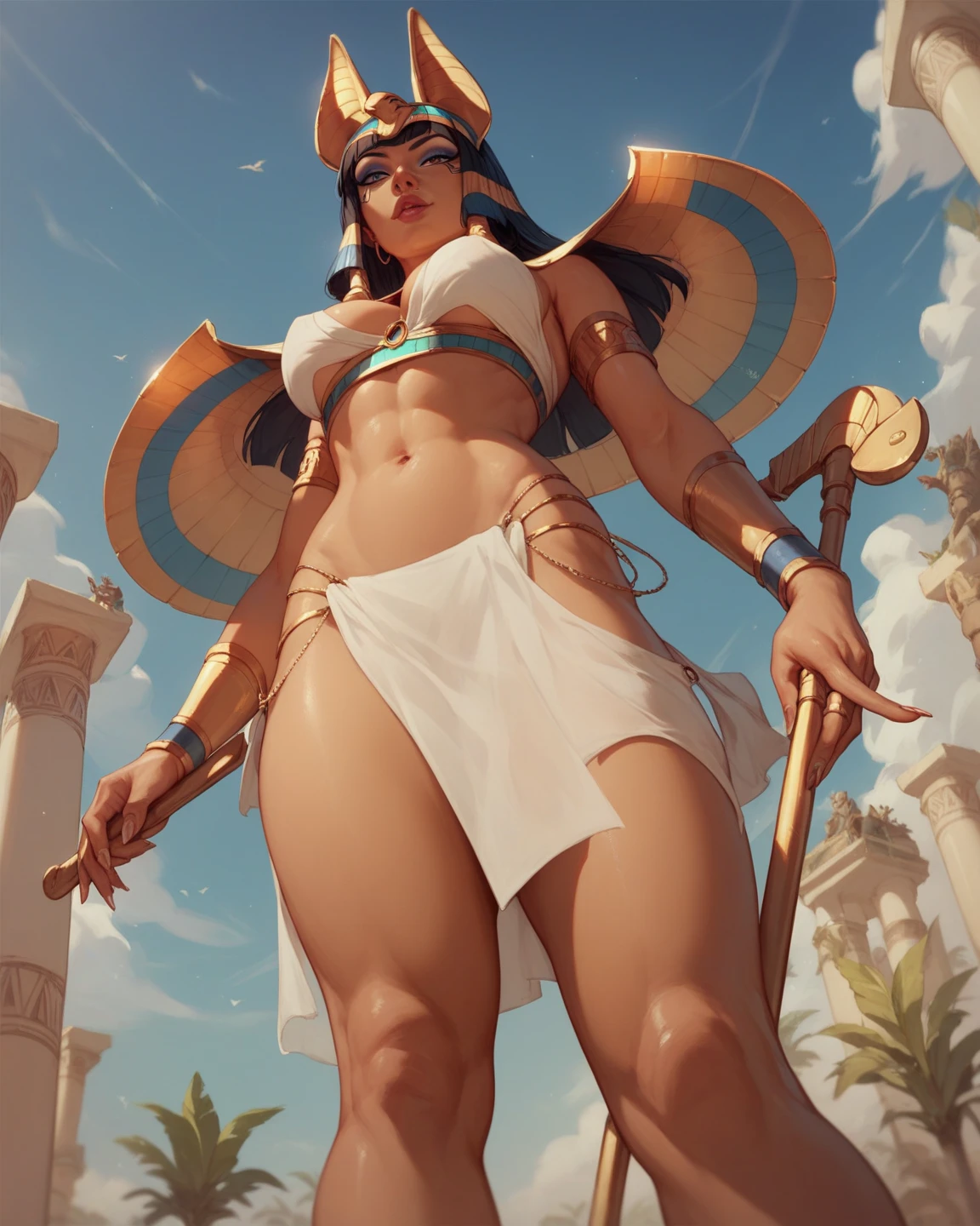 Best quality, masterpiece, beautiful girl in white-black-gold bikini, ishtar, divine, detailed, intricate, sexy, round bubble butt, sexy back view, ripped, realistic, "cowboy shot"