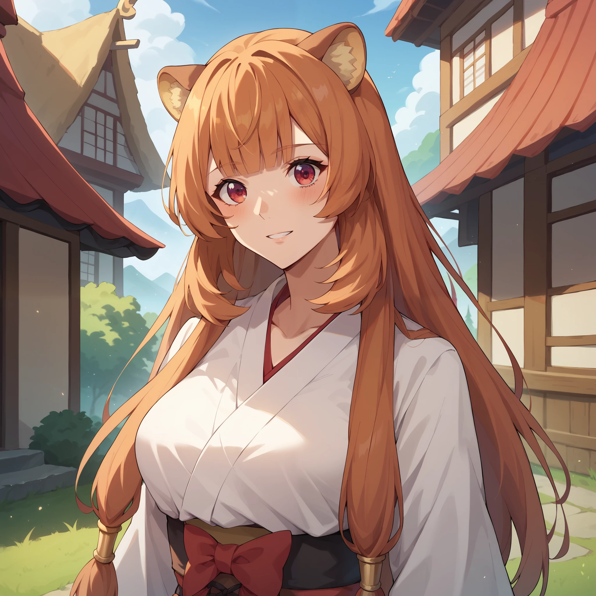 raphtalia,   cosplay bright orange hair,  detailed red eyes  ,  animal ears , pechos grandes,   Japanese clothing  (miko) white and red Kikyo  (Nuyasha)  He's walking through a fantasy town.