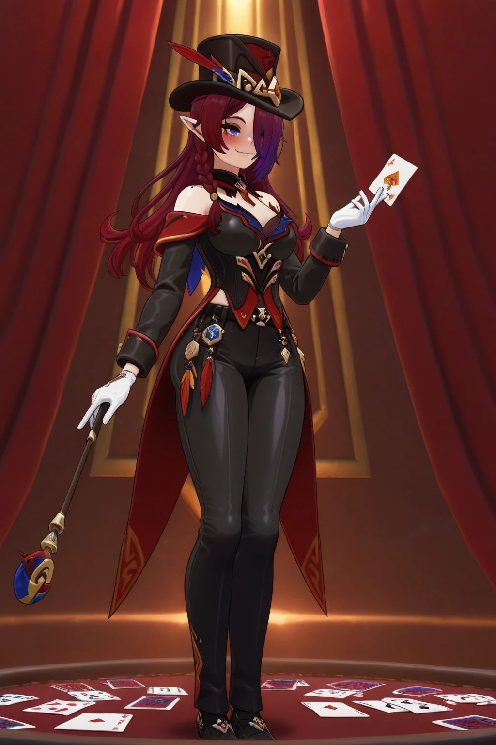 ultra-detailed, full-length, 1girl, solo, (beautiful face), detailed eyes, (Ideal body proportions), tj_chasca, multicolored hair, red hair, purple hair, blue eyes, pointy ears, hair over one eye, long hair, braid, mole on shoulder, medium breasts, voloptuous, thick thighs, wide hips, alternate costume, magician costume, top hat, black suit, black pants, playing cards, wand, (((sexy))), blush, smile, red Curtains, white Gloves, on stage, gleaming, shiny, shiny skin, masterpiece, ((Anatomically correct))
