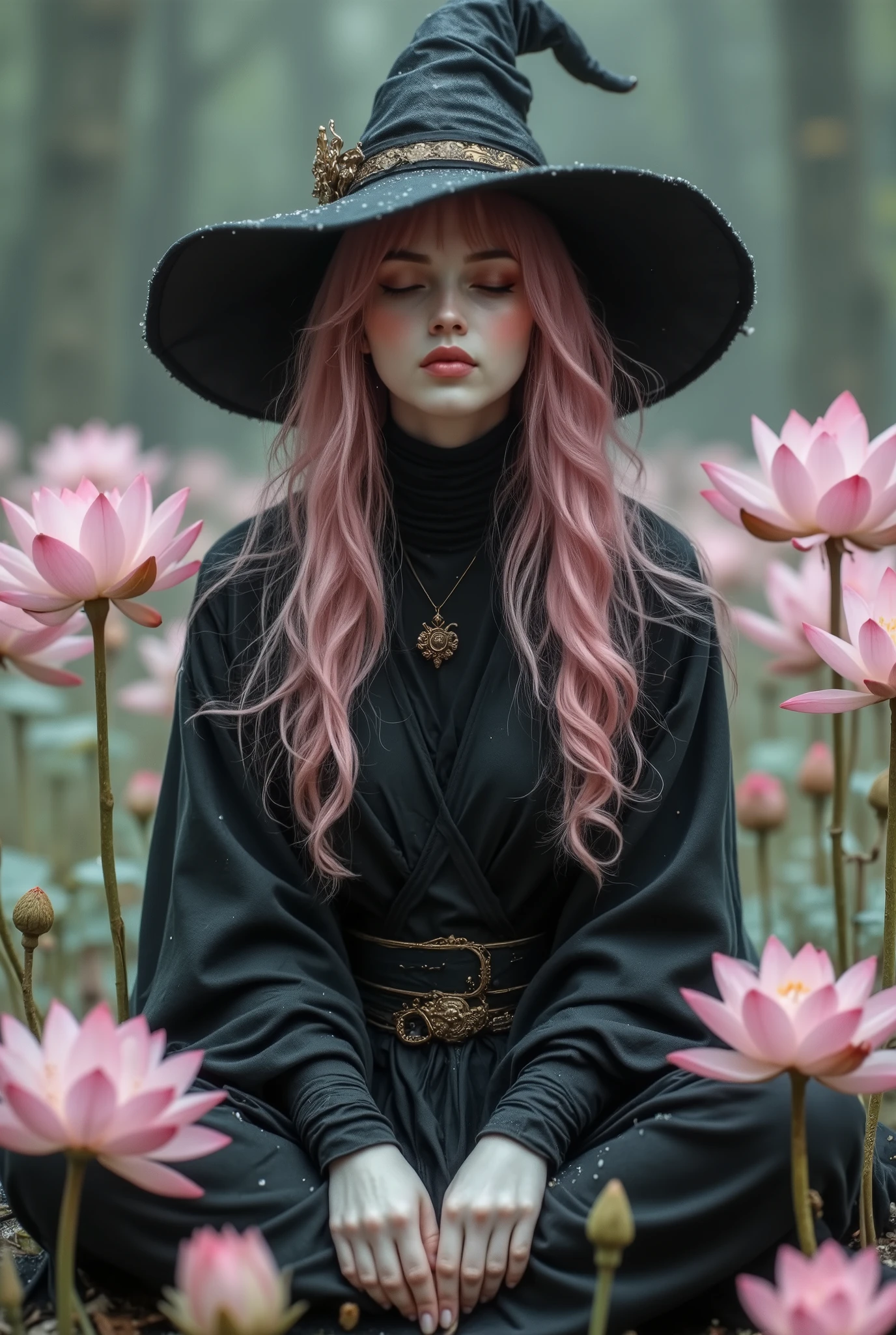 (photorealism:1.2), A premium high-resolution photograph showcasing a graceful witch girl in a lotus pose. wearing black robe and wizard hat, with old rose pinks turttleneck inside robe. sitting middle biggest lake. surrounded by pale pink lotus flowers that seem to float in a dreamy mist. The colors are soft and ethereal, with an emphasis on pale pinks, whites, and pastels. The lighting is soft and diffused, creating a sense of peace and tranquility. The photograph has a mysterious and enigmatic mood and feeling, focusing on inner peace and serenity. The witch girl's face shows tranquility, and her eyes are closed, reflecting inner calmness. The photograph should be rich in detail, with exquisite lotus petals, mist, and lighting, highlighting composition with the woman placed in the center of the image, creating balance and a relaxing, peaceful feeling for the viewer." long gibger pink straight bangs hair, her hair is wavy in the wind