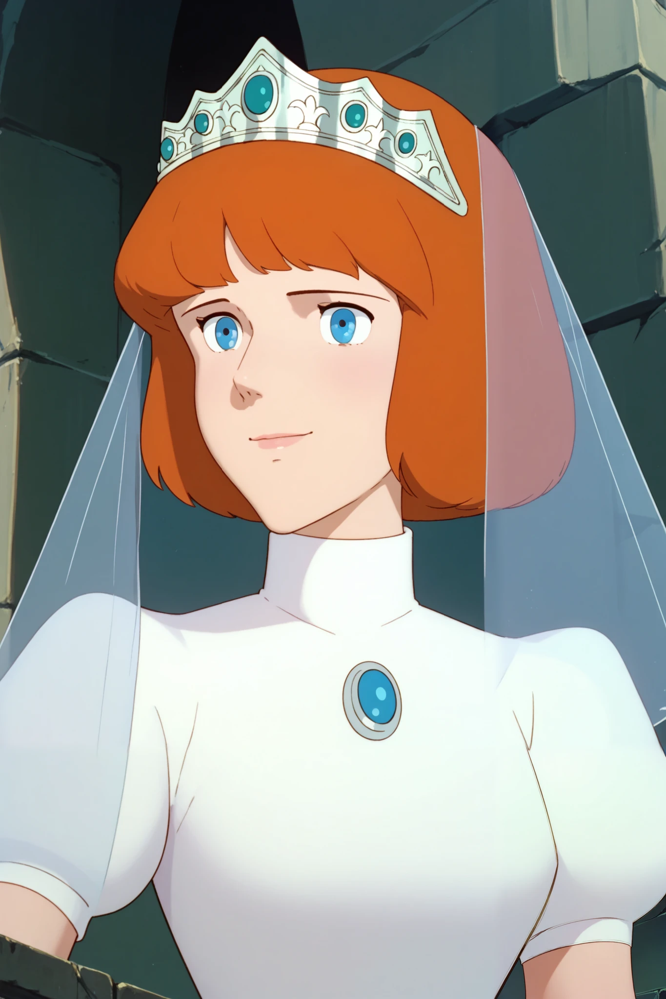 Clarice,1 female,orange hair,blue eyes,bob_cut,pretty,
Extreme close-up under the chest,low angle,smile, watching viewers,
Tiara,veil,white dress,turtleneck,short_sleeve,
Elbow gloves,
