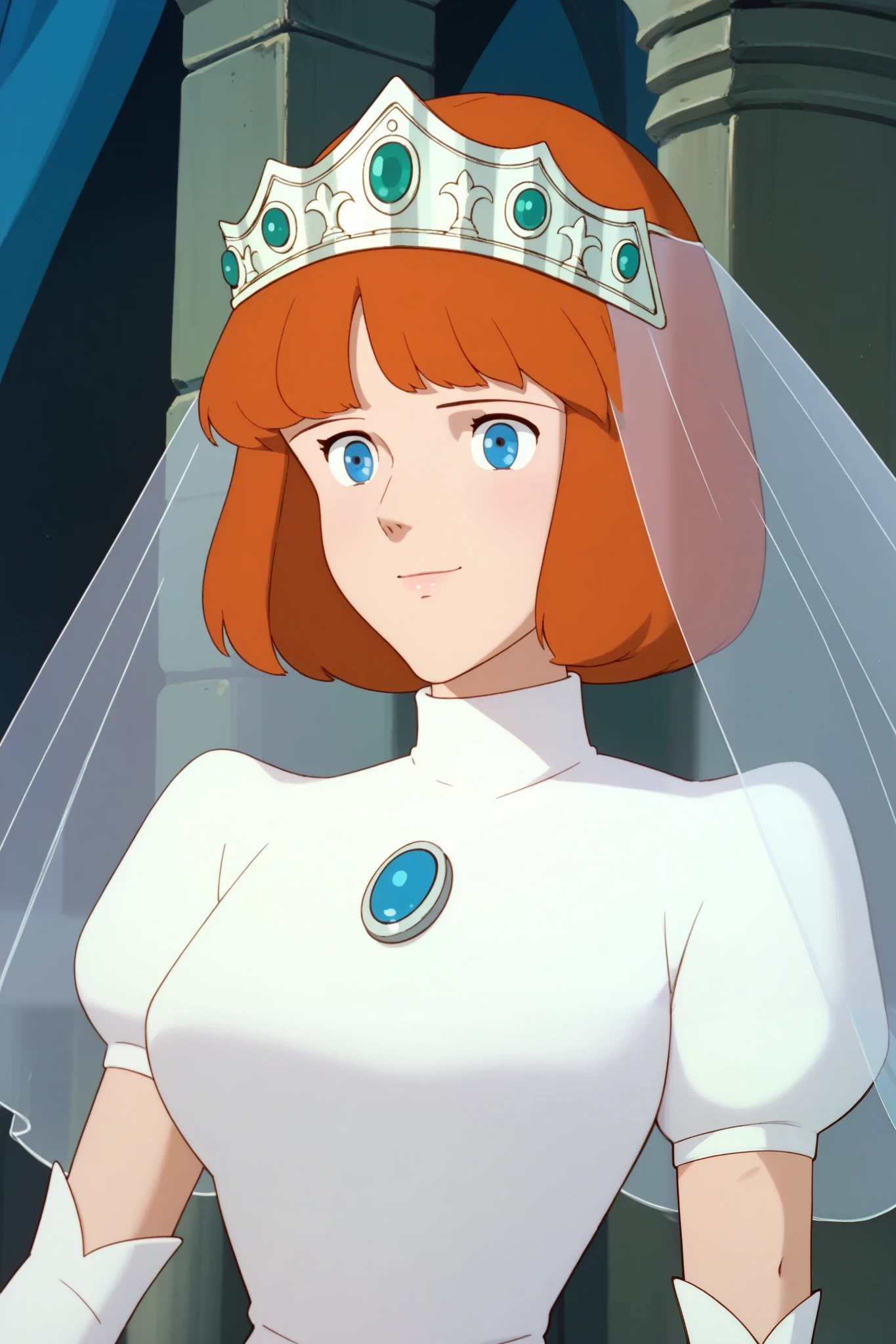 Clarice,1 female,orange hair,blue eyes,bob_cut,pretty,
Extreme close-up under the chest,low angle,smile, watching viewers,
Tiara,veil,white dress,turtleneck,short_sleeve,
Elbow gloves,