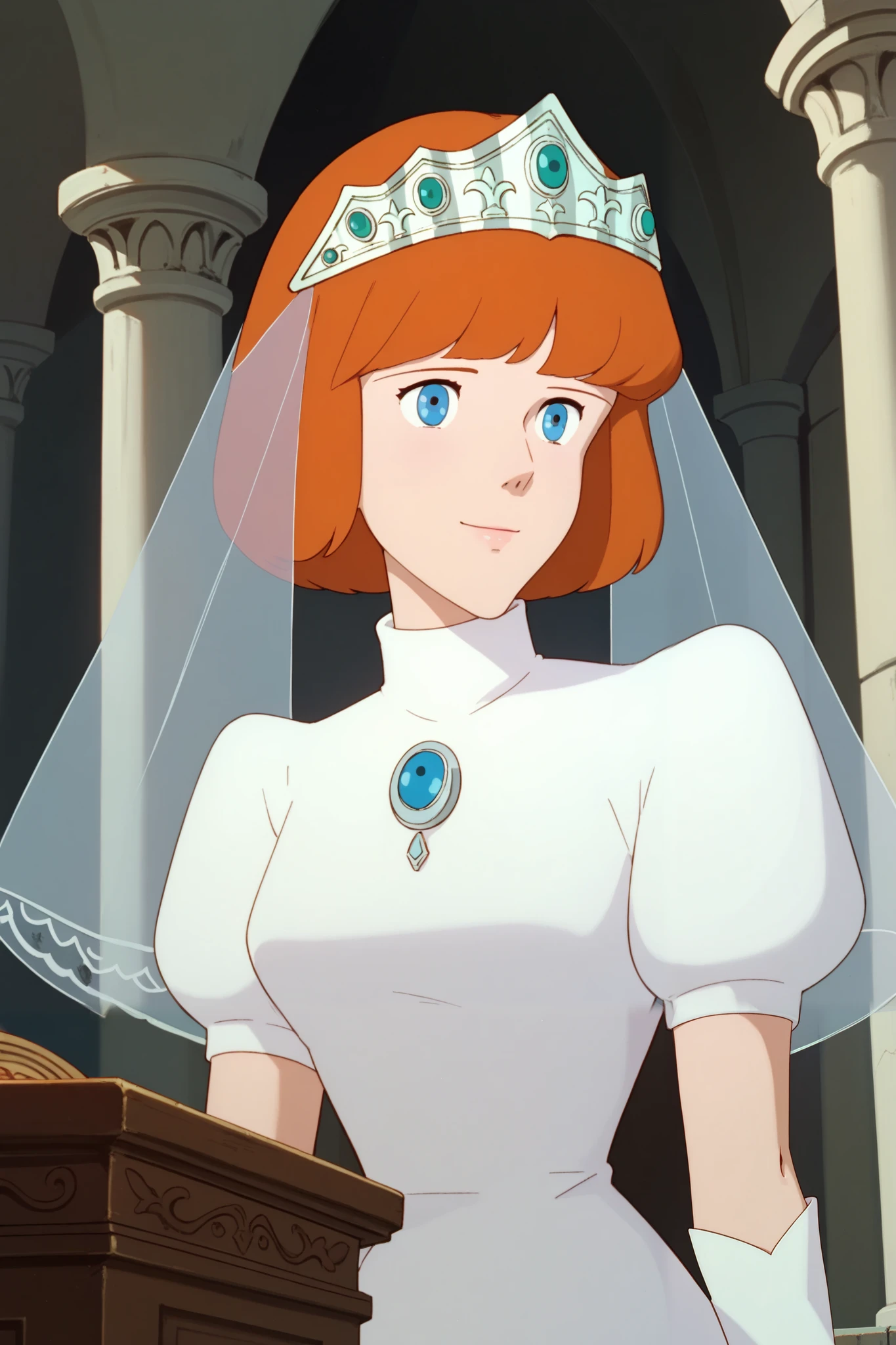 Clarice,1 female,orange hair,blue eyes,bob_cut,pretty,
Extreme close-up under the chest,low angle,smile, watching viewers,
Tiara,veil,white dress,turtleneck,short_sleeve,
Elbow gloves,