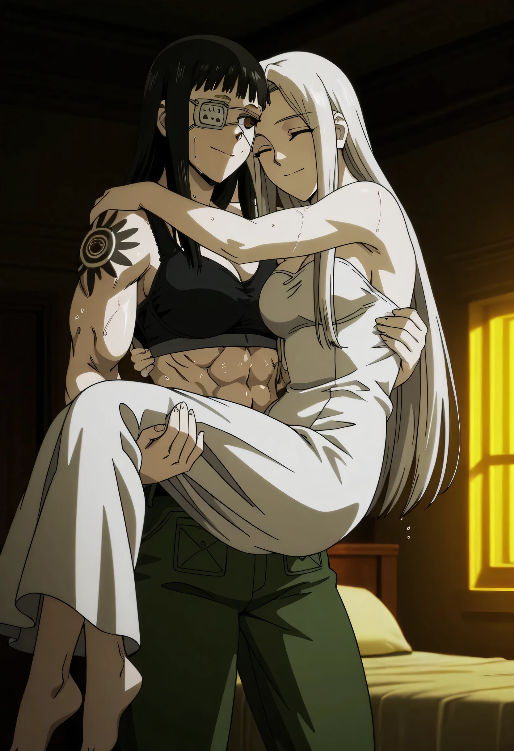2girl,solo,mm,mature female,black hair,eyepatch,brown eyes,medium breasts,anime coloring,long hair, muscular,black sport bra and green military trousers with belt,cowboy shot, ,air, tattoo, ,masterpiece,best quality,amazing quality,pelvis muscles,muscles lines,Valmet with beautiful irisviel having a long gray hair,irisviel wearing white dress,irisviel soft body,lesbians,yuri,irisviel shorter than valmet,Valmet carrying irisviel in princess carry,irisviel back front Valmet,Valmet her arms Around irisviel stomach,Valmet and irisviel deep kissing,eyes closed,,light trun off in room,Valmet ×irisviel,Valmet light smile,Irisviel white dress sleeveless,Valmet jumping in air while carrying irisviel,dynamic air,irisviel pergent,irisviel swollen belly indicates pregnancy,in night,wets,too wet,yellow light in room,dark room,both wreanig ring