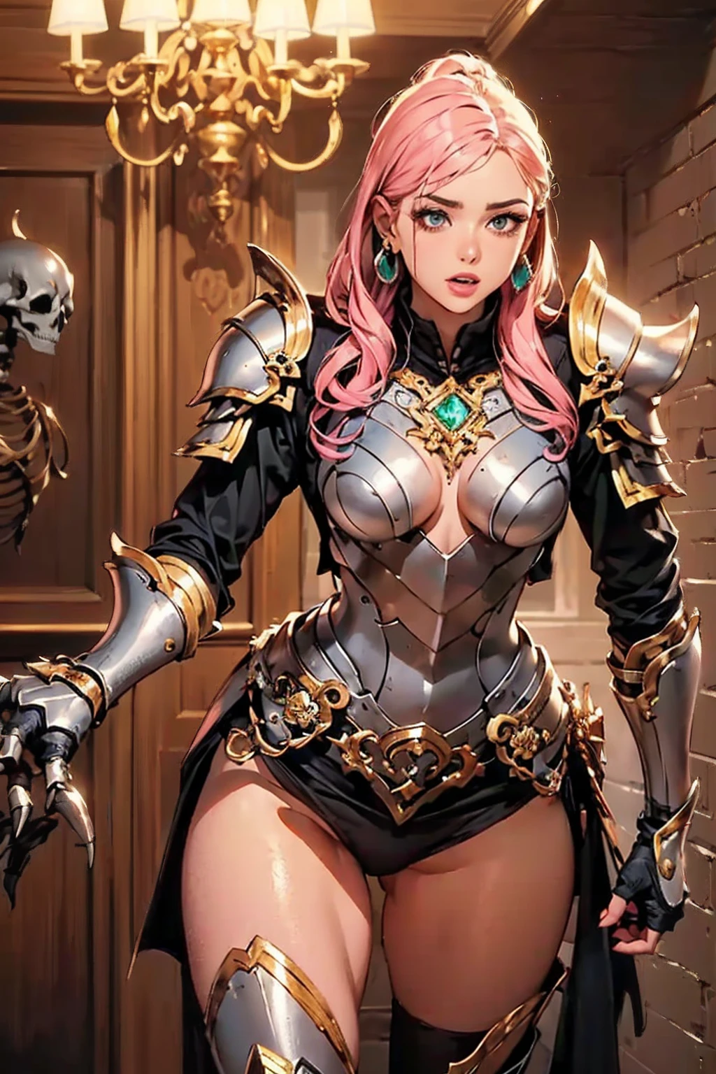 ((best quality)), ((masterpiece)), (ultra detailed lights), ((full body shot)), Award-winning photograph, ((epic details)), teen goddess with pink curvy hair in ((full body golden black armor)) are in the middle of battlefield, neon color magic and sorceries in the background, looking tired but she still can do it all day, from below, broken shield, broken swords