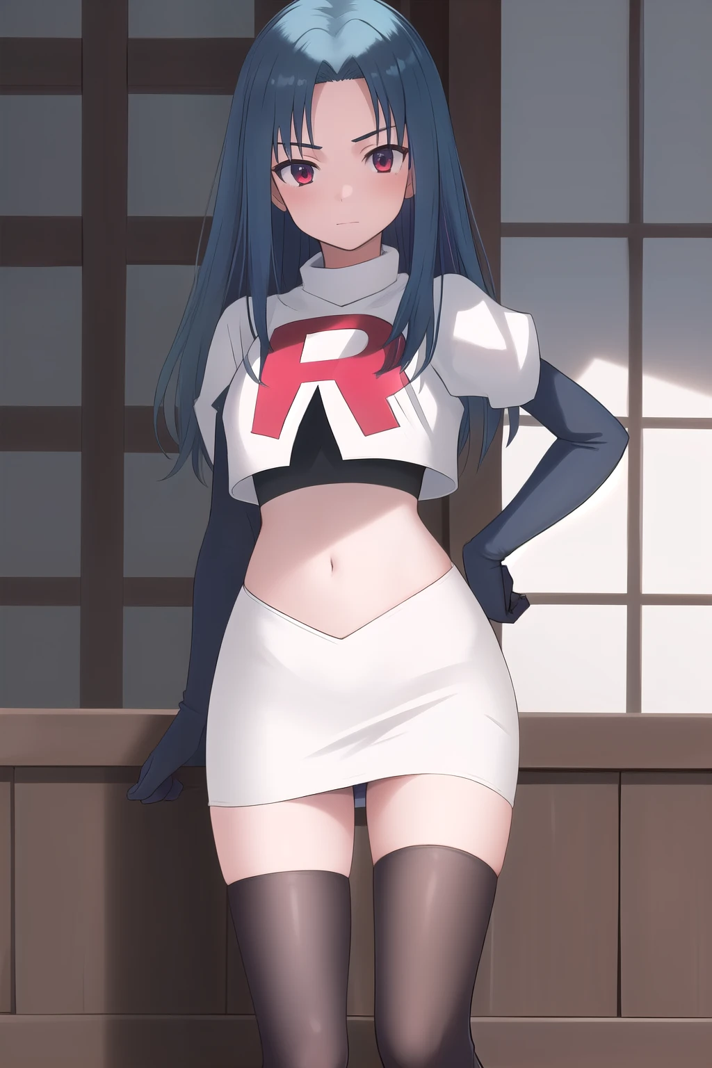 masterpiece, best quality, highres, 1girl haruka hasebe blue hair, schoolteam rocket,team rocket uniform,white skirt,red letter R,crop top,black thigh-highs,black elbow gloves