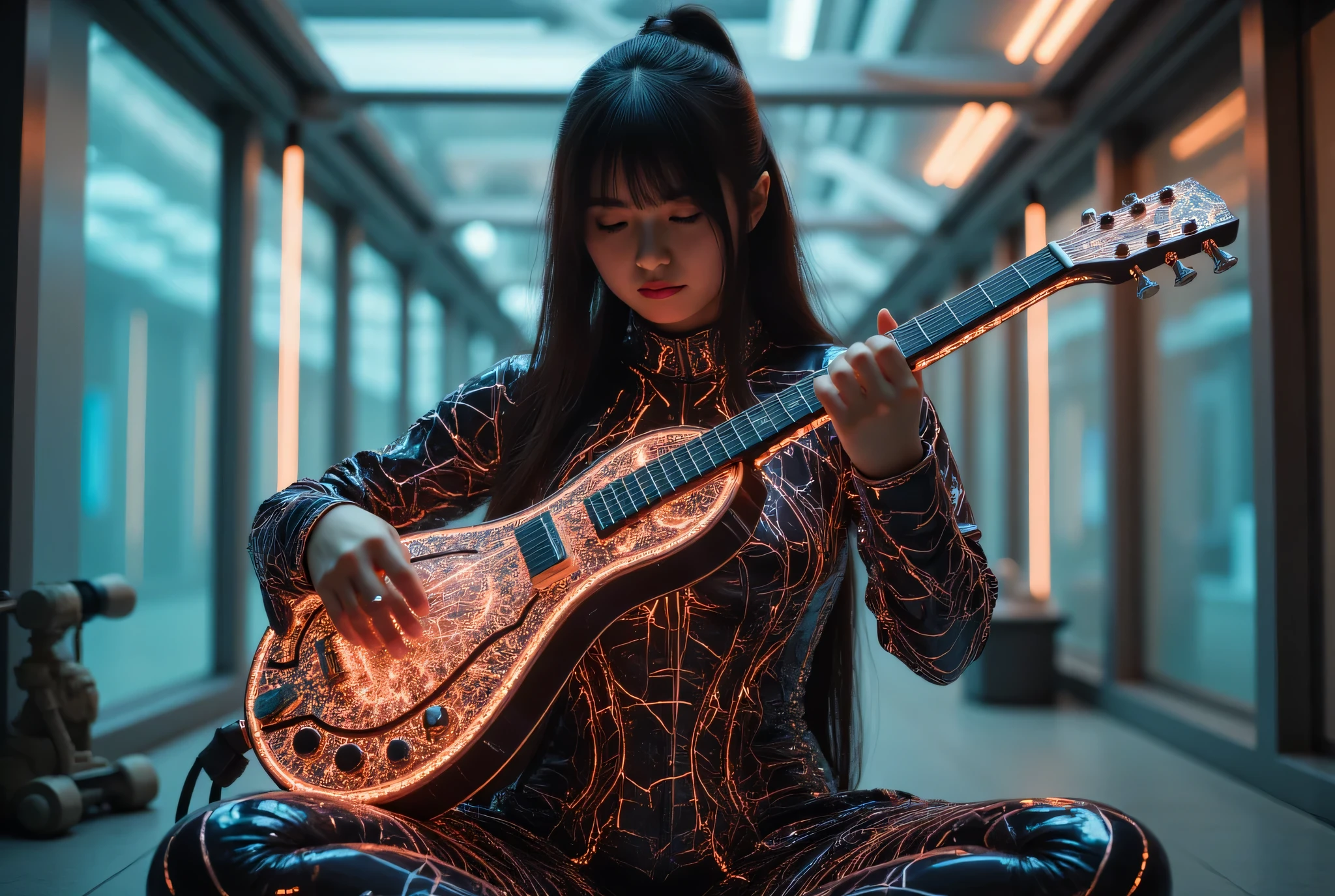 ((A blind monk playing a biwa :2.0)),(( a blind monk playing a biwa :2.0)),((((Play a cyberpunk-style four-string instrument:2.0)))),(((boatswain: Temple of the Wind :2.0))),((( HR Giger style cyberpunk atmosphere:2.0))),((whole body:2.0)), one woman ,( cute face),(Beautiful well-balanced face ),( natural big breasted :1.5),( black hair:1.5),Glamorous shot of a 20 year old Japanese woman , Slender Beautiful Body ,( model body type:1.3),(Slim body:1.3), perfect body line, Ideal Proportions ,( big breasts:1.5),Bare thighs,Voluptuous thighs, delicate body,( Shrimp:1.7),A harmonious posture,(Realistic breast depiction :1.7), carefully depict limbs based on perfect anatomy with deep depth of field,Filled with multicolored LEDs,((Super high-leg leotard that shines in the style of a near-future samurai :1.5)),(( super high-leg leotard made of cammie-style glass that fits the body:1.5)),(( A monk's Kesa-style military coat with an open front over a leotard:1.5)), concept art ,( best quality:1.5),(masterpiece:1.5),(Super high resolution),resolution,UHD,( Delicate Depiction), carefully drawn with butterfly wings ,32K,(( Realistic Skin Texture :1.5)),((( Ultra-realistic :1.5))),Draw eyelashes carefully,Highly detailed faces,Highly detailed female hand,Sexy appearance,Very sensual,(Blurry Dim Backgrounds :1.5), chicken,( movie lights:2.0),(( Blade Runner Style Lights :2.0))