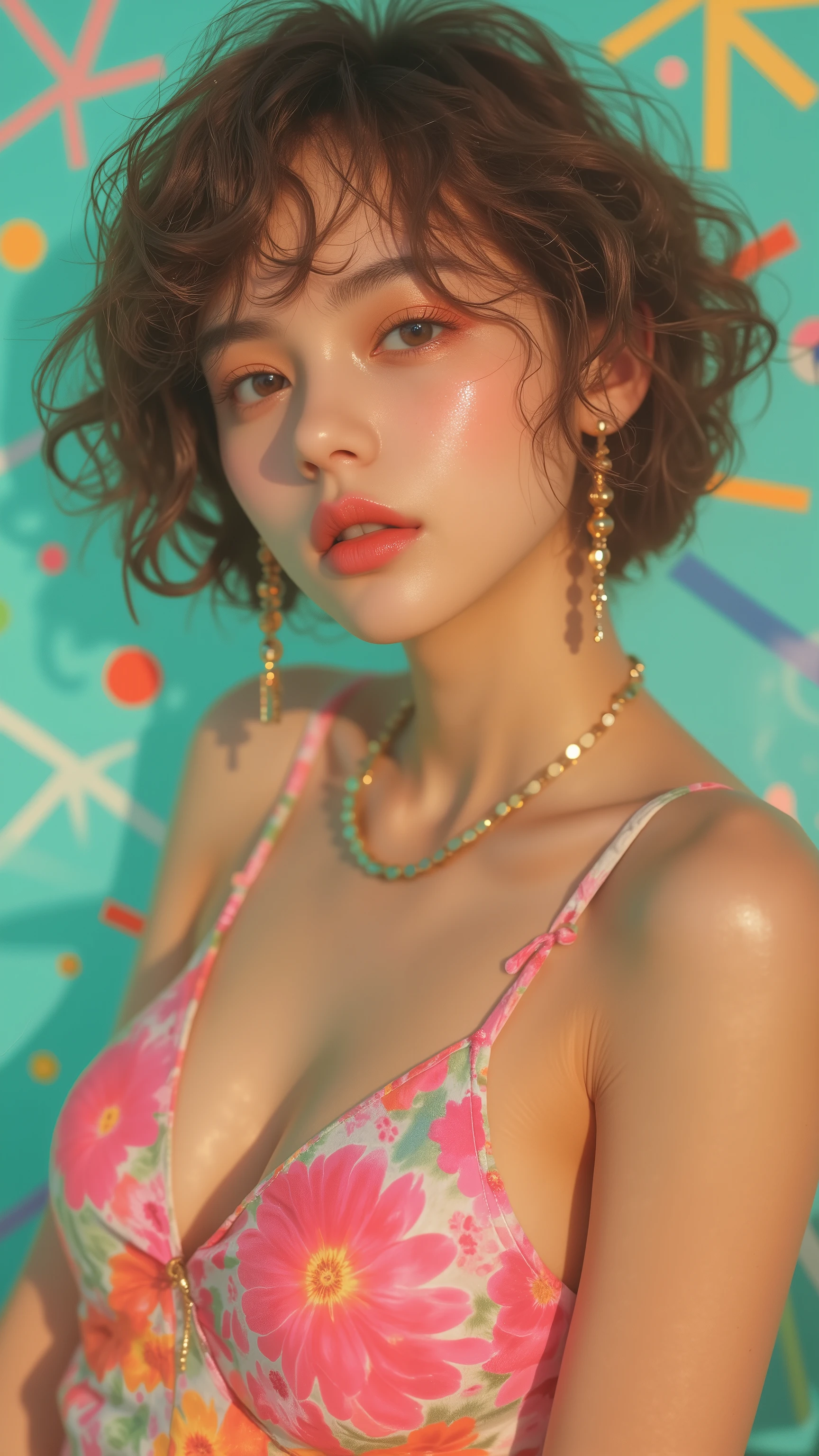 8k, masterpiece, highest quality, Surrealism, Vibrant, short wavy brown hair, floral pink sundress, gold jewelry, dangling earrings, bright teal background, colorful stripes, polka dots, starburst pattern, soft lighting, fashion photography, summer vibes, retro-modern aesthetic, high contrast colors, detailed skin texture, serene expression
