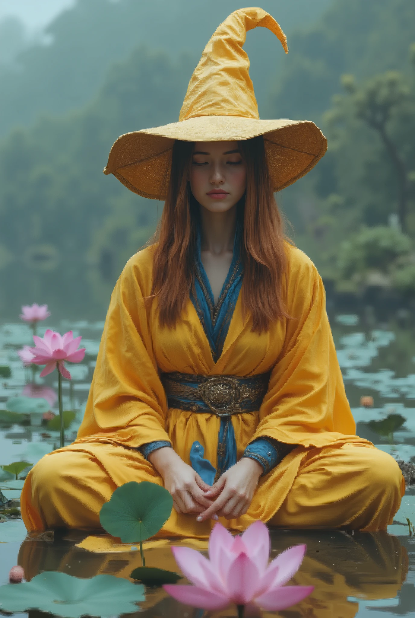 (photorealism:1.2), A premium high-resolution photograph showcasing a graceful witch young man 20yrs old, in a lotus pose. wearing deep yellow robe and wizard hat, with picton blue turttleneck inside robe. sitting middle biggest lake. surrounded by pale pink lotus flowers that seem to float in a dreamy mist. The colors are soft and ethereal, with an emphasis on pale pinks, whites, and pastels. The lighting is soft and diffused, creating a sense of peace and tranquility. The photograph has a mysterious and enigmatic mood and feeling, focusing on inner peace and serenity. The witch girl's face shows tranquility, and her eyes are closed, reflecting inner calmness. The photograph should be rich in detail, with exquisite lotus petals, mist, and lighting, highlighting composition with the woman placed in the center of the image, creating balance and a relaxing, peaceful feeling for the viewer." medium gibger red straight bangs hair, her hair is wavy in the wind