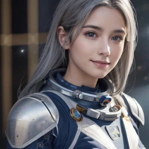 Highest quality, Ultra-high resolution, (realism: 1.4), Depth of written boundary, Beautiful Face, (Purelos Face_v1: 0.8), Half Body, | | One girl, Medium Chest, (Gray Hair: 1.3), An innocent smile, Natural Makeup, | | | Model pose, | | (Spacesuit: 1.3), (Blue Armor: 1.3), Exquisite design, | | Space Background, performer_(null), moonlight, night, | |