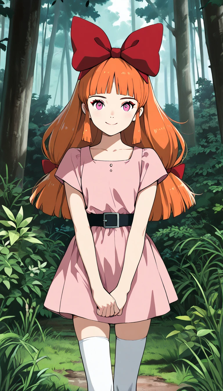 (1girl, PowBlossom), (extremely detailed CG unit 8k wallpaper),(master part), (best quality), (ultra detail), (best illustration),(ghibli_style), cowboy shot, standing, facing viewer, looking at viewer, perfect face, perfect eyes, perfect fingers, petite, (Sharp eyeliner, ombre, detailed eyes:1), forest, grass, break , upper body, solo, smile, (orange hair,long hair, blunt bangs, pink eyes:1.2), (hair bow, red bow, simple pink dress, simple black belt, white thighhighs)