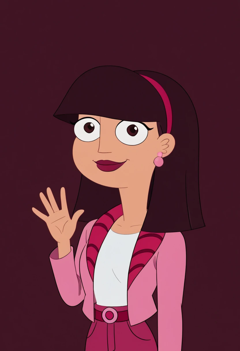 ((bedroom background)),score_9, score_8_up, score_7_up,score_6_up,
1girl, Solo, AmandaL_MM, olive skin, dark brown eyes, deep burgundy hair, straight hair, shoulder-length hair, straight fringe, magenta headband, deep pink lips, light pink small spherical earrings, bright pink cardigan, white crop top, magenta pants, belt with a light pink circular bucklee, bright pink flats, big eyes, medium stature, social smile, sexy face, perfect eyes, perfect smile, looking at the viewer, big breasts, half body, waving hi