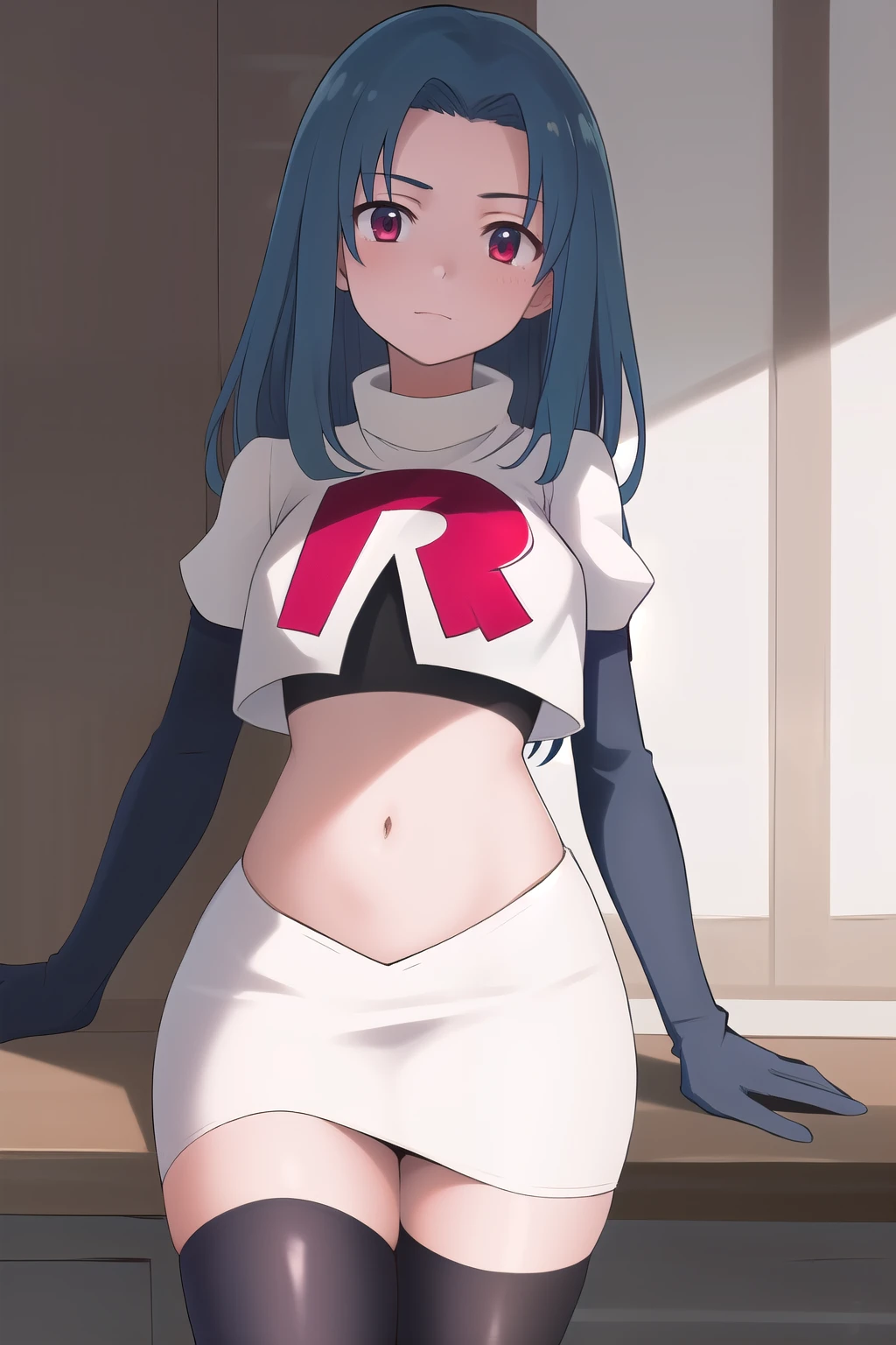 masterpiece, best quality, highres, 1girl haruka hasebe blue hair, schoolteam rocket,team rocket uniform,white skirt,red letter R,crop top,black thigh-highs,black elbow gloves