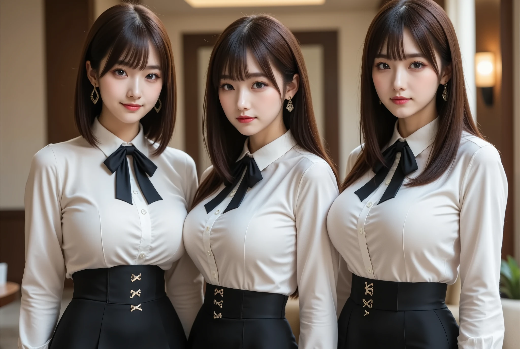  score_9,  score_8,  score_8up  score_7,  top quality 、 Masterpiece 、  Japan's top idol in a luxury hotel , group、vampire,(  white tight shirt  )),  big breasts、 ((  Layered Haircut )),  slim body , Slim face（8k，  top quality ）,  adorable， smile，bangs,  long brown hair，  black choker 、  ALMOND EYE、bangs、 Very thick and long eyelashes, Red lipstick , ((Big Breasts))、  women stand side by side in the conference room,  Secretary welcomes guests  , 彼女たちはvampire、vampireの牙