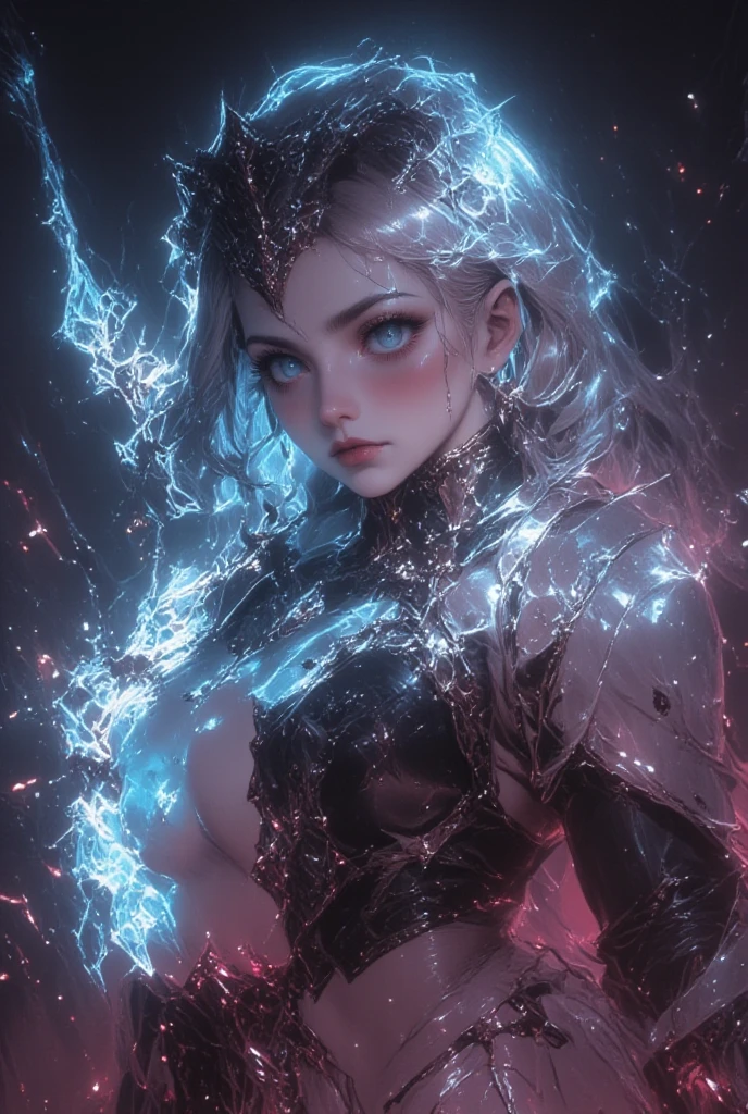This is an artistic digital illustration portraying the bust of a female figure with cybernetic enhancements and an elaborate mechanical headdress. The figure's facial expression is passive yet intense, with striking red eyes and blue makeup accentuating her features against the contrasting cool metallic tones of the machinery. Rich in detail, the artwork blends organic and mechanical aesthetics, combining smooth human skin with intricate gears, wires, and dripping.