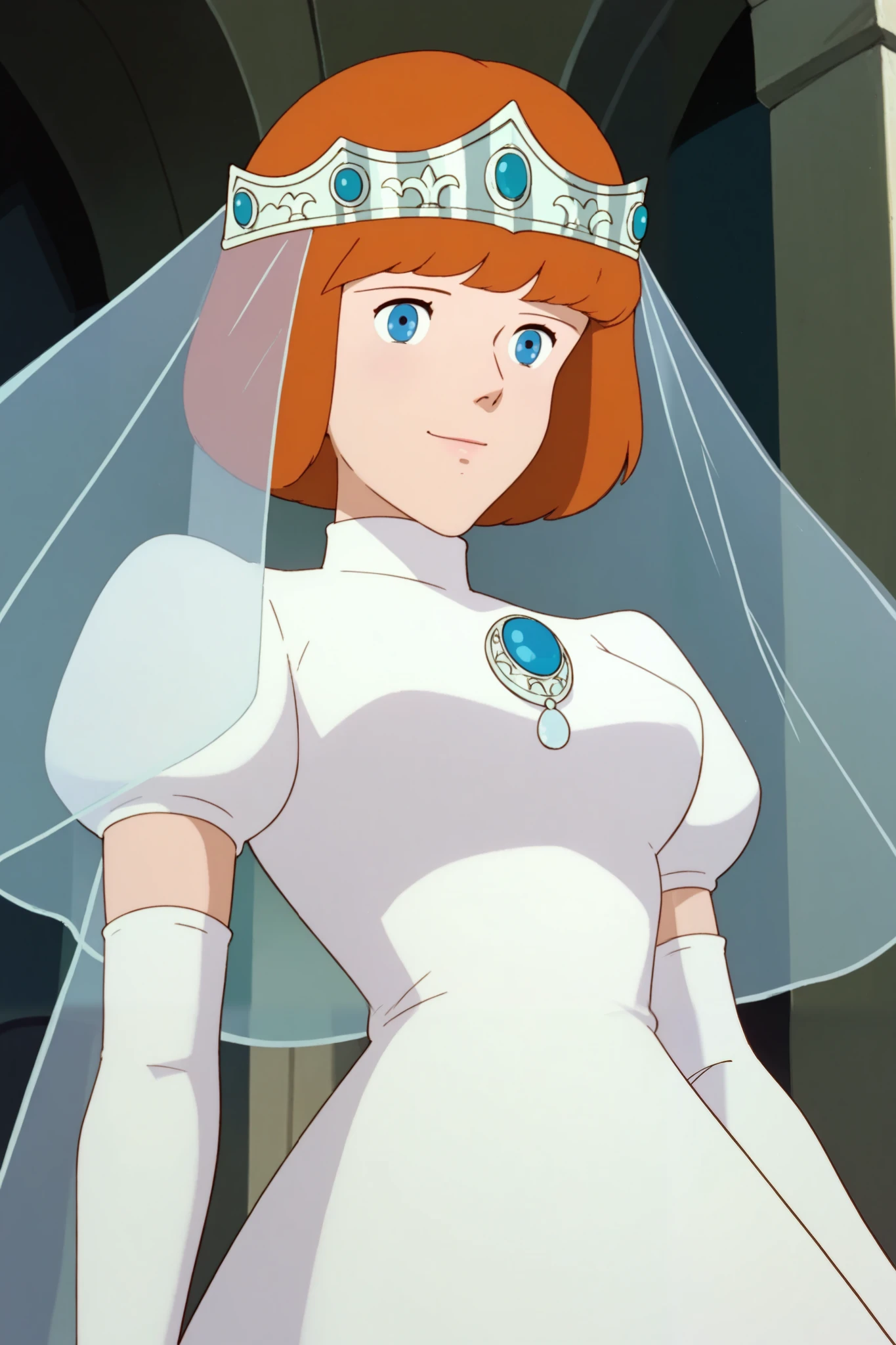 Clarice,1 female,orange hair,blue eyes,bob_cut,pretty,

Extreme close-up under the chest,low angle,smile, watching viewers,from below,very low angle,

Tiara,veil,white dress,turtleneck,short_sleeve,
Elbow gloves,