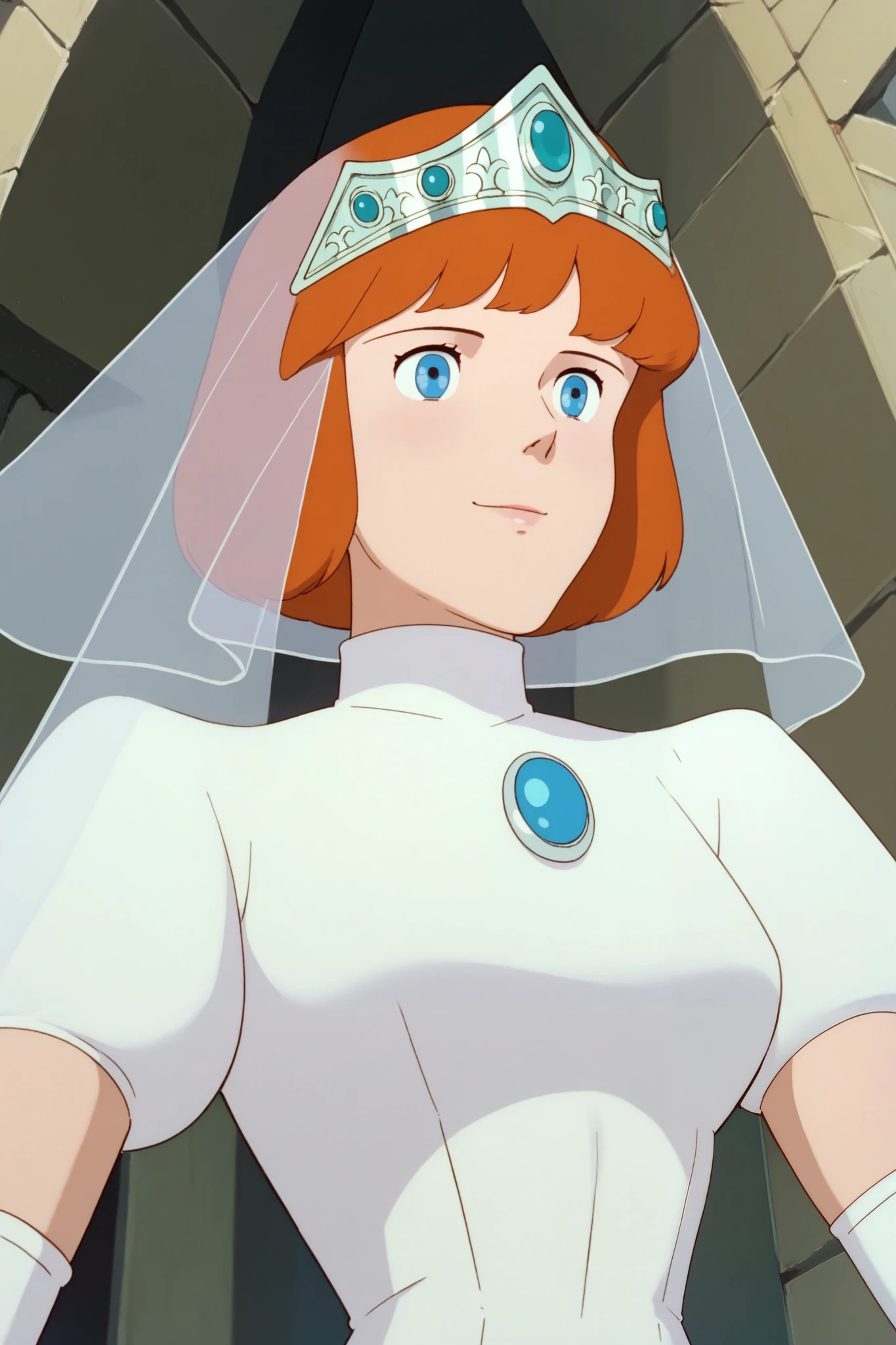 Clarice,1 female,orange hair,blue eyes,bob_cut,pretty,
Extreme close-up under the chest,low angle,smile, watching viewers,from below,very low angle,
Tiara,veil,white dress,turtleneck,short_sleeve,
Elbow gloves,