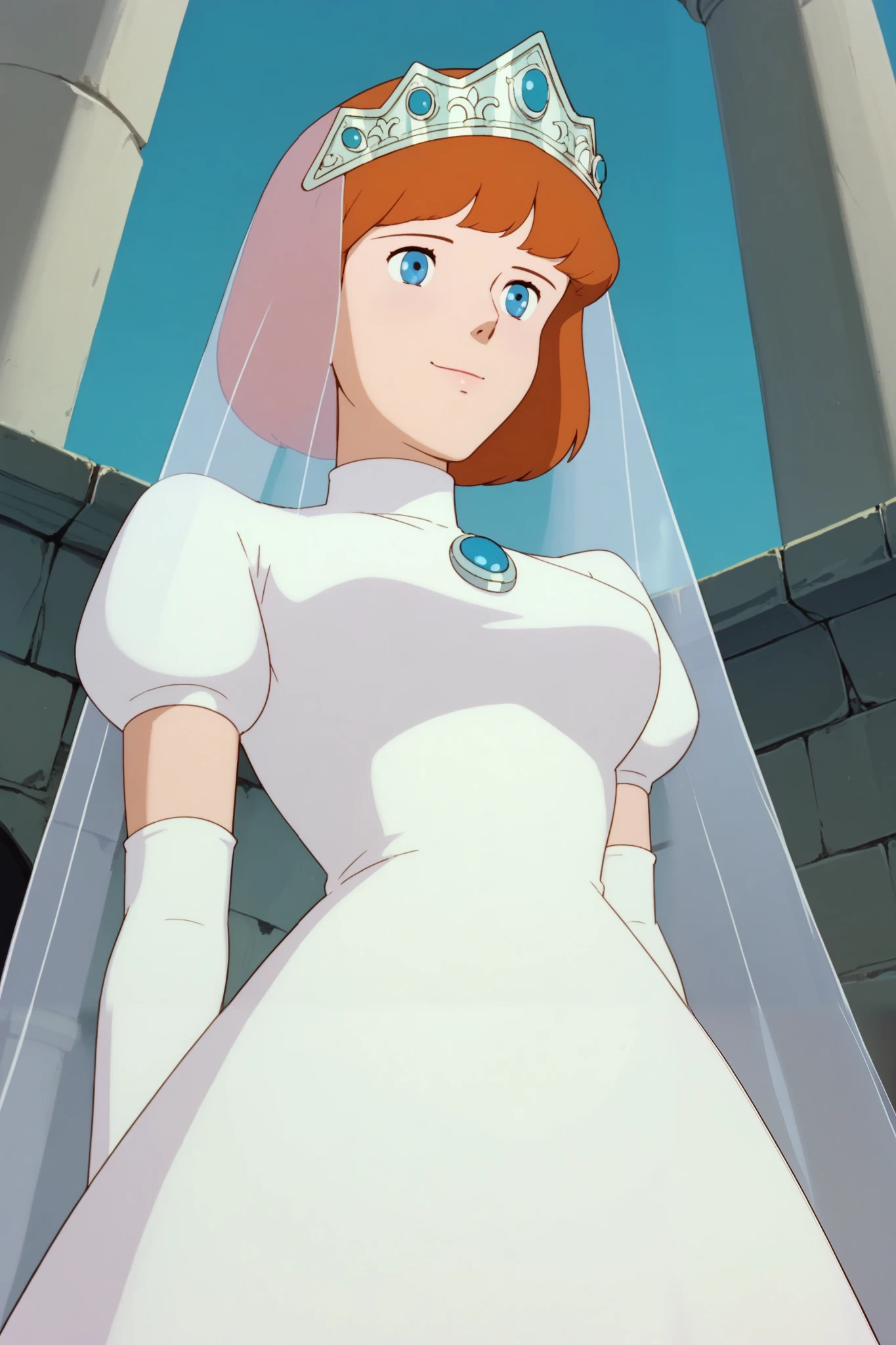 Clarice,1 female,orange hair,blue eyes,bob_cut,pretty,
Extreme close-up under the chest,low angle,smile, watching viewers,from below,very low angle,
Tiara,veil,white dress,turtleneck,short_sleeve,
Elbow gloves,