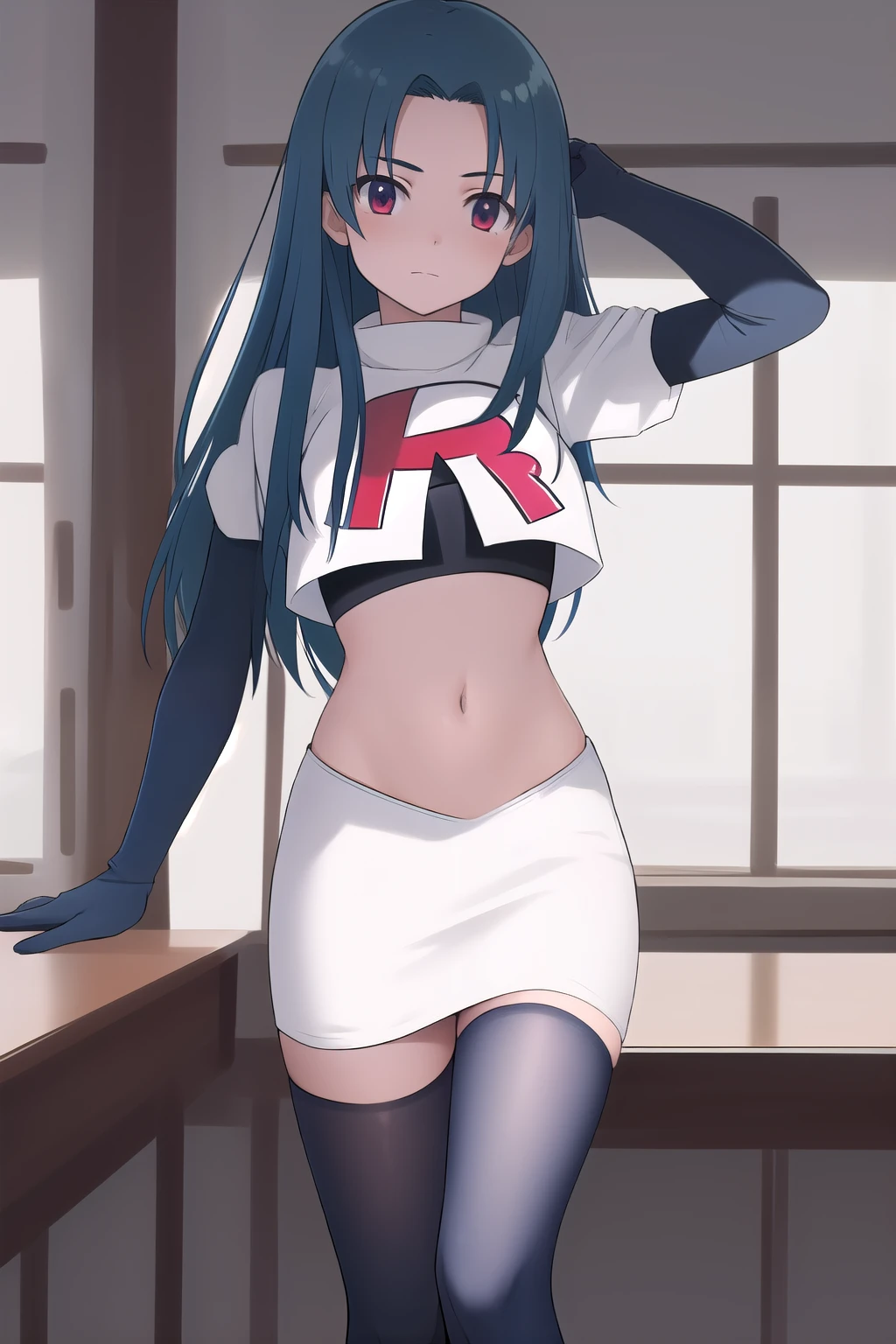 masterpiece, best quality, highres, 1girl haruka hasebe blue hair, schoolteam rocket,team rocket uniform,white skirt,red letter R,crop top,black thigh-highs,black elbow gloves