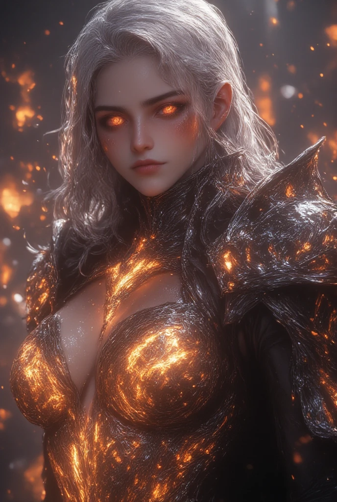 8K,depiction looking down from above,beautiful mature female demon, three horns, cruel smile, red skin, Sexy fire-shaped chest armor, wreath wrapped in fire, (fiery eyes:1.2), tempt me, open your mouth and laugh(I see big fangs), Underworld earth background, (masterpiece), (realistic:1.4), RAW, highest quality, ultra high resolution, rich colors, Backlight, cinematic lighting, film grain, RAW, 50mm lens, Nikon D850, warm colors,super realistic skin,inside a dark dungeon,very big breasts,depiction looking down from above,silver short mohawk hair,have a long and large sword,black and red pants(Precise heraldic work),