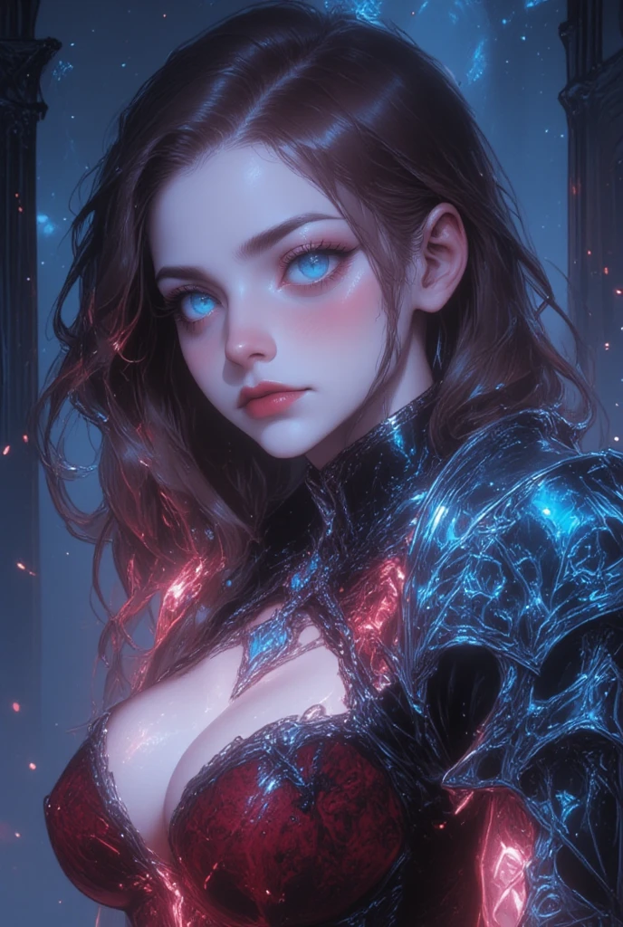 (masterpiece), 1girl, solo, best quality, expressive eyes, perfect face, upper body, beautiful face, mature woman, focused, beautiful eyes, silver grey eyes, long purple hair, tanned skin colour, spaceship, bodysuit, sci-fi, space, stars, front view, close up, pink lipstick, crystal necklace, pink blush, facing viewer, grown up woman , mature face