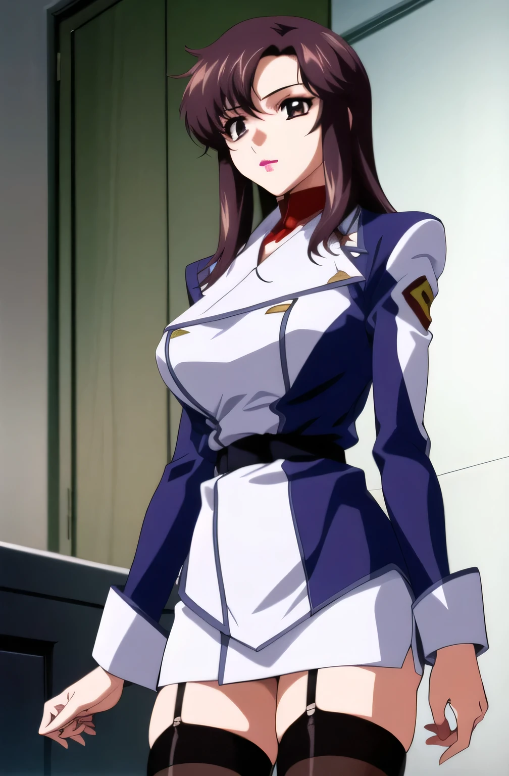 <lora:Rieri_Bishop:1> green eyes, mature woman, (purple hair), shoulder-length hair, (messy hair), bangs, large boobs, lips, masterpiece, best quality, beautiful, extremely detailed, good lighting, <lora:more_details:0.6>, tight white military dress, celebrity, devoted wife, military investigator,  named tag on uniform that says Rieri Bishop,