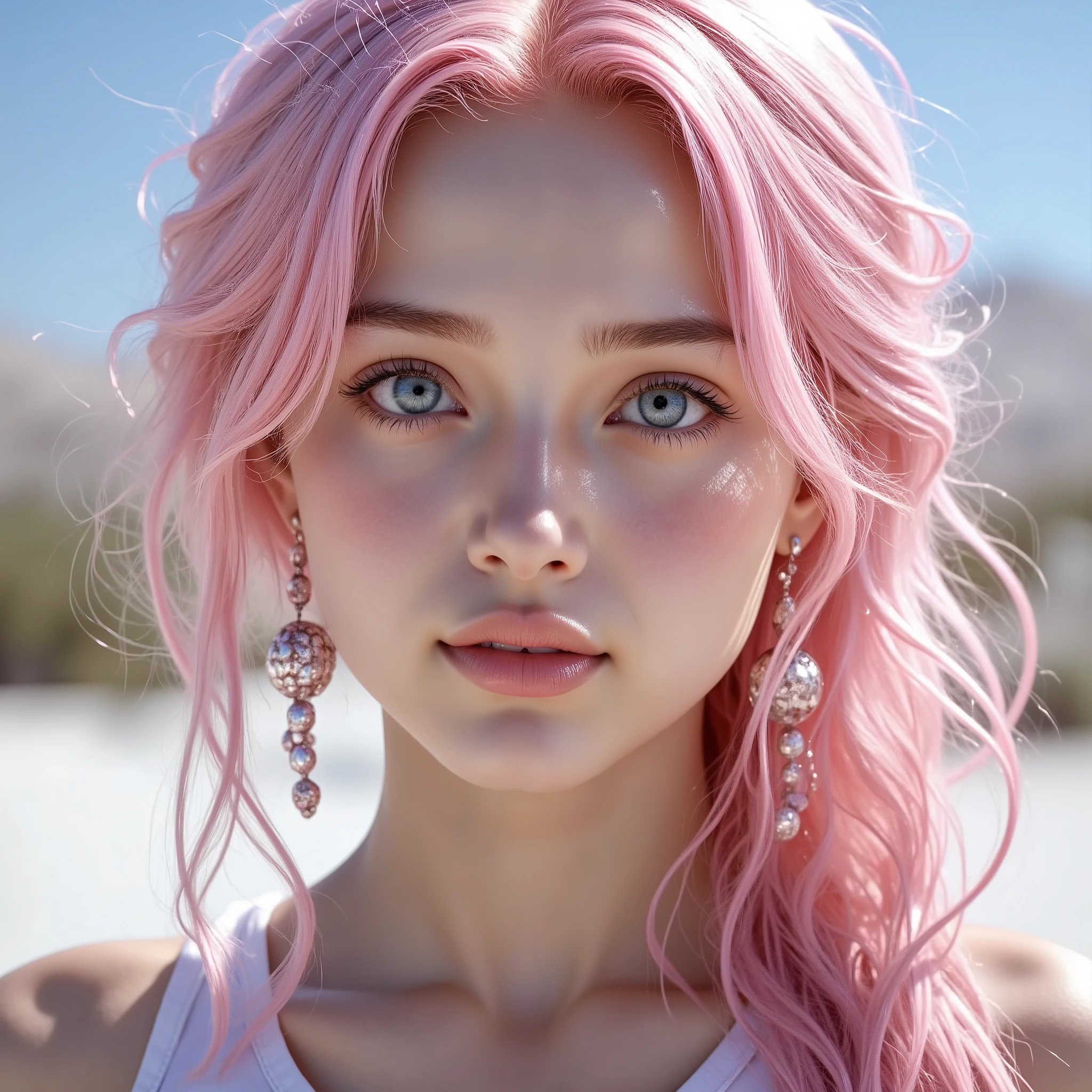 only face, a very beautiful arabic girl, wearing pink hoop earrings, long wavy pink hair tied in a ponytail, blue eyes,
