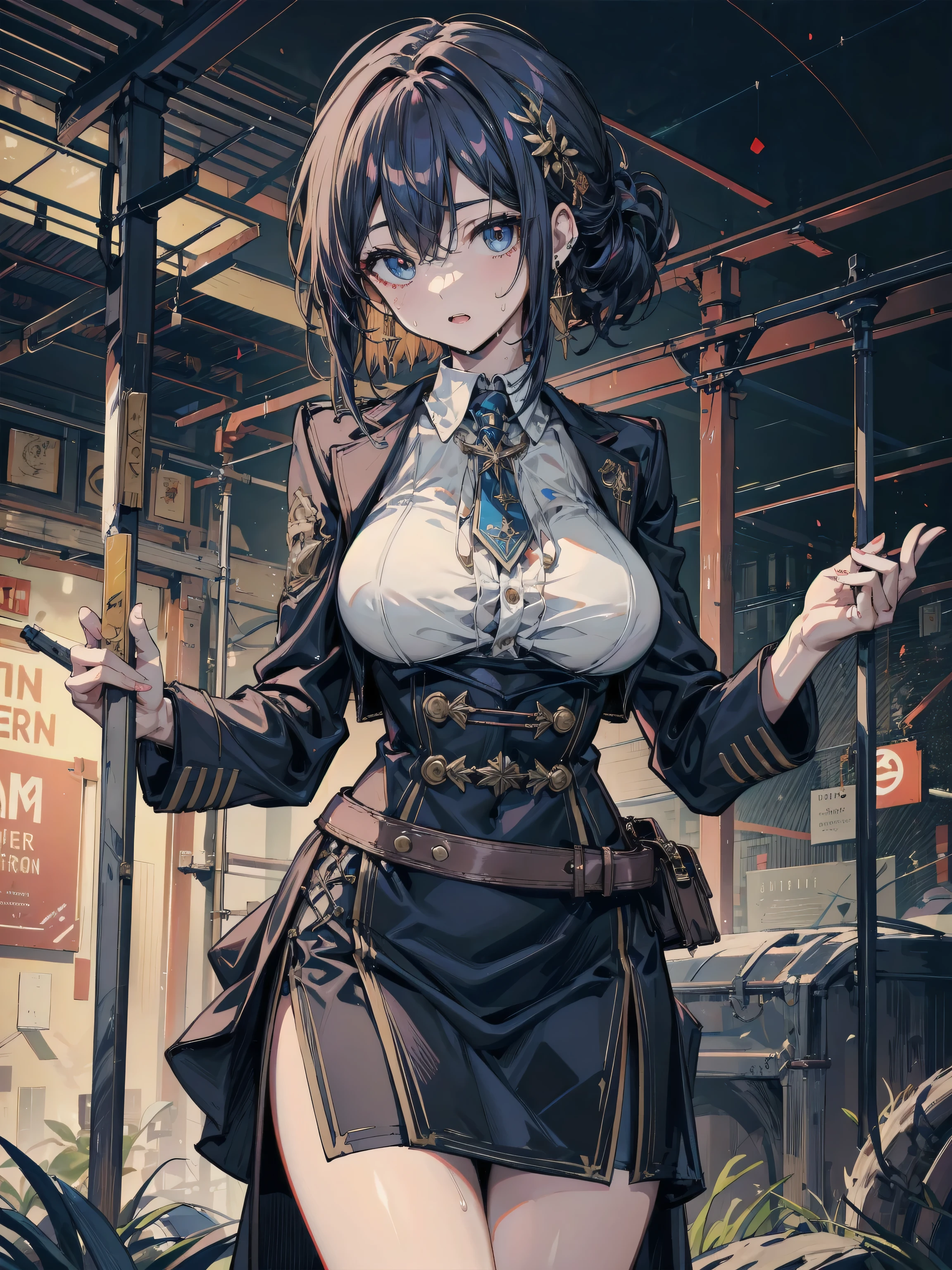 Masterpiece, Best quality, High contrast, Professional photography, Soft light, Sharp focus, 1girll, hmochako, Blush stickers, Short hair, mediating.hands in a pocket, (hands in a pocket: 1.4), (Shibuya: 1.4), (Night lights: 1.4), (Thick body: 1.4), (Short brown hair: 1.4), Brown eyes, hdr (HighDynamicRange), Ray tracing, NVIDIA RTX, Hyper-Resolution, Unreal 5, Local media, PBR texture post-processing, Anisotropic filtering, Depth of field, Maximum clarity and sharpness, Many-Layer Textures, Albedo and specular maps, Surface Coloring, Accurate Light-Material Interaction Simulation, Octane rendering, bicolor lighting, Low ISO, White balance, Rule of thirds, largeaperture, 8K raw data, Valid subpixel subpixels, Subpixel convolution (Luminous Particle: 1.4), {{Masterpiece, Better quality, highly detailed CG, Unity 8k wallpaper, 。.3D, Cinematic lighting, Lens flare}}, Beautiful brown eyes, cleavage, Big breasts, full of sweat, Blushing, rough breath,