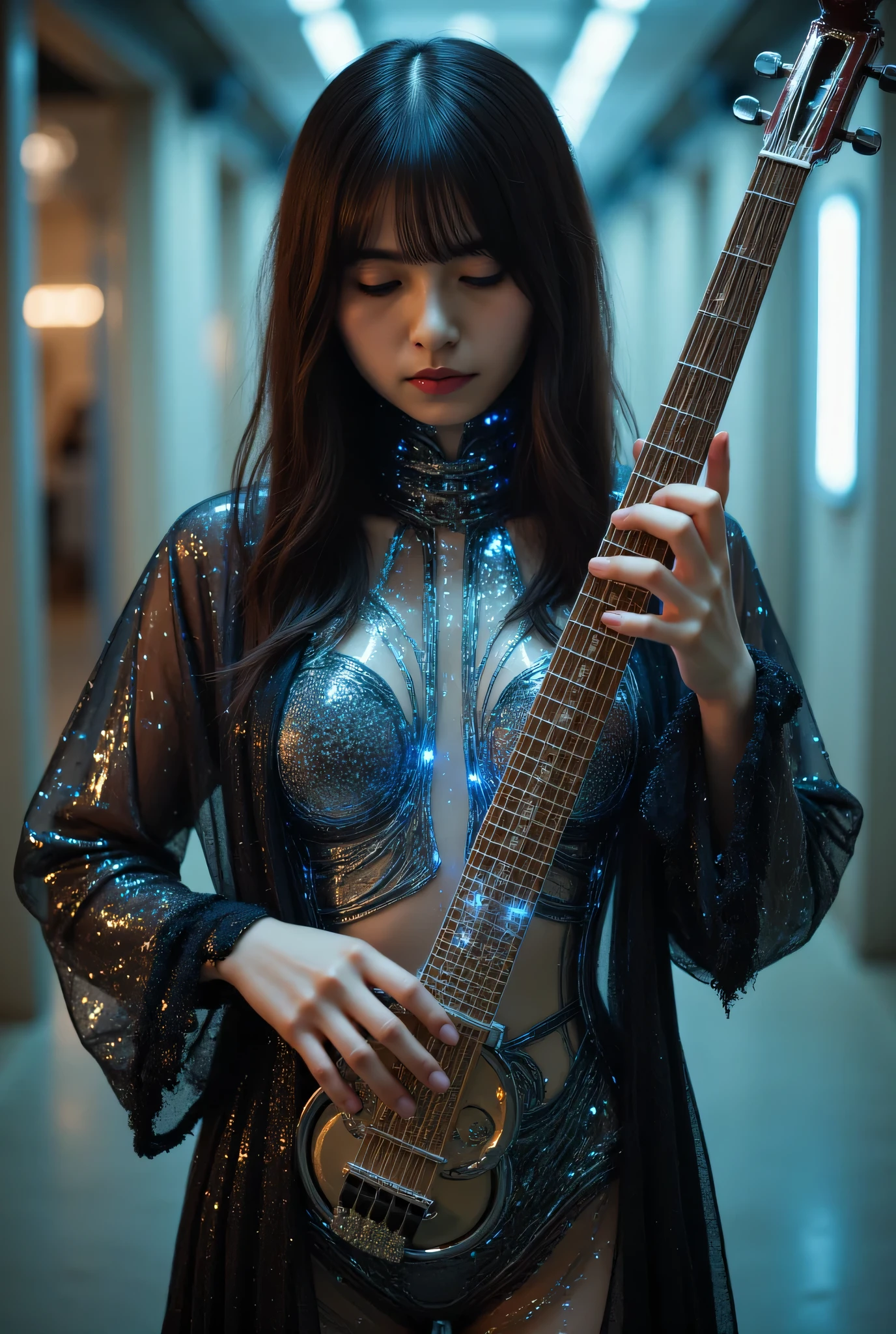 ((A blind monk playing a biwa :2.0)),(( a blind monk playing a biwa :2.0)),((((Play a cyberpunk-style four-string instrument:2.0)))),(((boatswain: Temple of the Wind :2.0))),((( HR Giger style cyberpunk atmosphere:2.0))),((whole body:2.0)), one woman ,( cute face),(Beautiful well-balanced face ),( natural big breasted :1.5),( black hair:1.5),Glamorous shot of a 20 year old Japanese woman , Slender Beautiful Body ,( model body type:1.3),(Slim body:1.3), perfect body line, Ideal Proportions ,( big breasts:1.5),Bare thighs,Voluptuous thighs, delicate body,( Shrimp:1.7),A harmonious posture,(Realistic breast depiction :1.7), carefully depict limbs based on perfect anatomy with deep depth of field,Filled with multicolored LEDs,((Super high-leg leotard that shines in the style of a near-future samurai :1.5)),(( super high-leg leotard made of cammie-style glass that fits the body:1.5)),((A semi-transparent military coat in the style of a monk with an open front over a leotard:1.5)), concept art ,( best quality:1.5),(masterpiece:1.5),(Super high resolution),resolution,UHD,( Delicate Depiction), carefully drawn with butterfly wings ,32K,(( Realistic Skin Texture :1.5)),((( Ultra-realistic :1.5))),Draw eyelashes carefully,Highly detailed faces,Highly detailed female hand,Sexy appearance,Very sensual,(Blurry Dim Backgrounds :1.5), chicken,( movie lights:2.0),(( Blade Runner Style Lights :2.0))