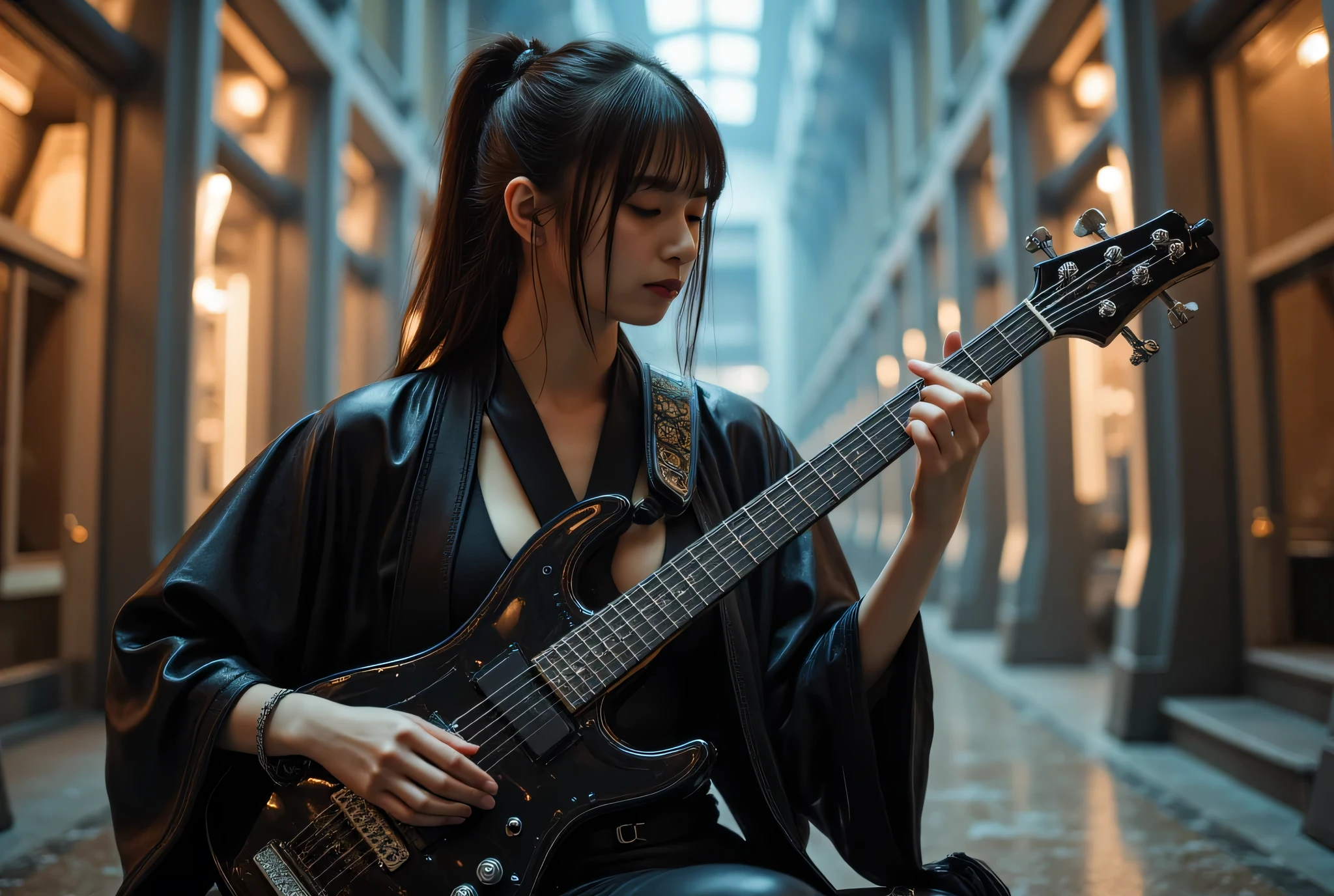 ((A blind monk playing a biwa :2.0)),(( a blind monk playing a biwa :2.0)),((((Play a cyberpunk-style four-string instrument:2.0)))),(Guitar:1.1),(((boatswain: Temple of the Wind :2.0))),((( HR Giger style cyberpunk atmosphere:2.0))),((whole body:2.0)), one woman ,( cute face),(Beautiful well-balanced face ),( natural big breasted :1.5),( black hair:1.5),Glamorous shot of a 20 year old Japanese woman , Slender Beautiful Body ,( model body type:1.3),(Slim body:1.3), perfect body line, Ideal Proportions ,( big breasts:1.5),Bare thighs,Voluptuous thighs, delicate body,( Shrimp:1.7),A harmonious posture,(Realistic breast depiction :1.7), carefully depict limbs based on perfect anatomy with deep depth of field,((Wear a samurai kimono-style military coat with an open front over a black super high-leg leotard :1.5)),(( super high leg leotard made of cammy style latex that fits the body:1.5)),(( A monk's Kesa-style military coat with an open front over a leotard:1.5)), concept art ,( best quality:1.5),(masterpiece:1.5),(Super high resolution),resolution,UHD,( Delicate Depiction), carefully drawn with butterfly wings ,32K,(( Realistic Skin Texture :1.5)),((( Ultra-realistic :1.5))),Draw eyelashes carefully,Highly detailed faces,Highly detailed female hand,Sexy appearance,Very sensual,(Blurry Dim Backgrounds :1.5), chicken,( movie lights:2.0),(( Blade Runner Style Lights :2.0))