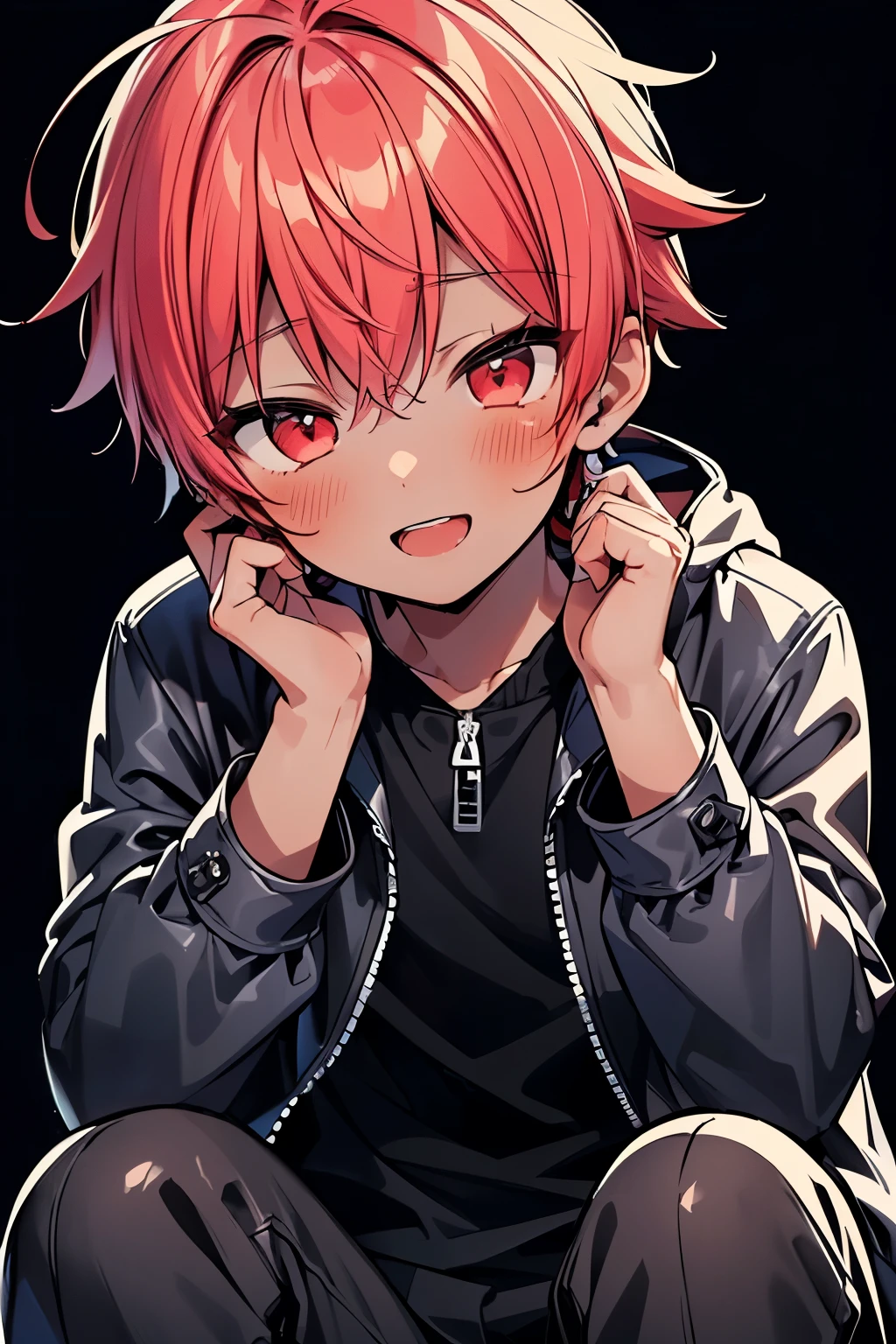 ((1-boy :1.5)),((gay:1.3)),((male:1.2)), smiling face with open mouth ,((A perverted expression full of superiority:1.0)),(ahegao:1.2),(knee length puffer jacket:1.0),(sheer jacket:1.2),RED hair,red eyes,((darkness background:1.3)),(NSFW:0.8),(( begging pose:1.0)),((very Dark skinned body:1.25)),close up face,((hand to own face:1.0)),