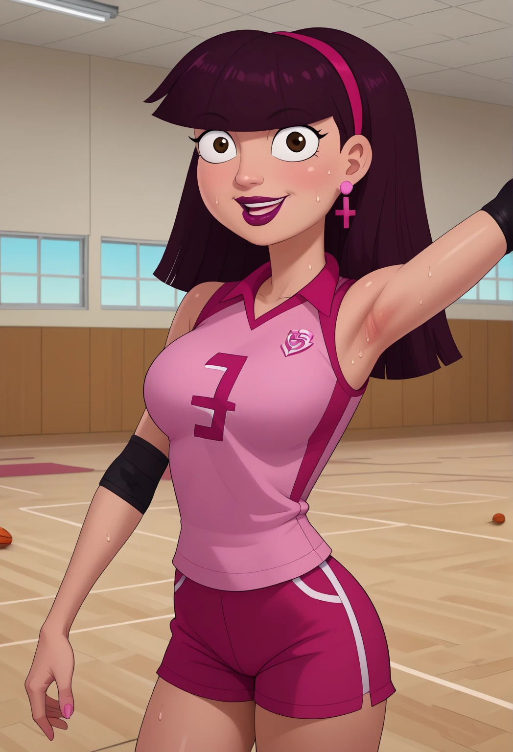 score_9, score_8_up, score_7_up,score_6_up,
1girl, Solo, AmandaL_MM, olive skin, dark brown eyes, deep burgundy hair, straight hair, shoulder-length hair, straight fringe, magenta headband, deep pink lips, light pink small spherical earrings, pink tanktop, magenta gym shorts, bright pink flats, big eyes, medium stature, social smile, sexy face, perfect eyes, perfect smile, looking at the viewer, big breasts, volleyball uniform, sportswear, elbow pads, elbow sleeve, knee pads, sleeveless, shorts, short shorts,, audience, gym, sweat, open mouth, steam, cross-body stretch, stretching, arm across chest, exercising,,, cowboy shot,
