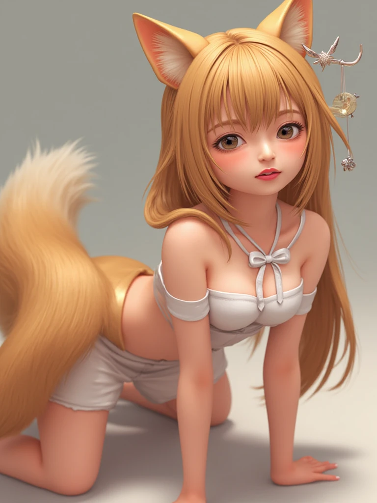 colombian woman, light brown hair twin tails, black and orange robe revealing huge breasts, 19 years, Fox tail, fox ears, sitting on massage table, Photo studio, Black background, In the background a golden Buddha statue