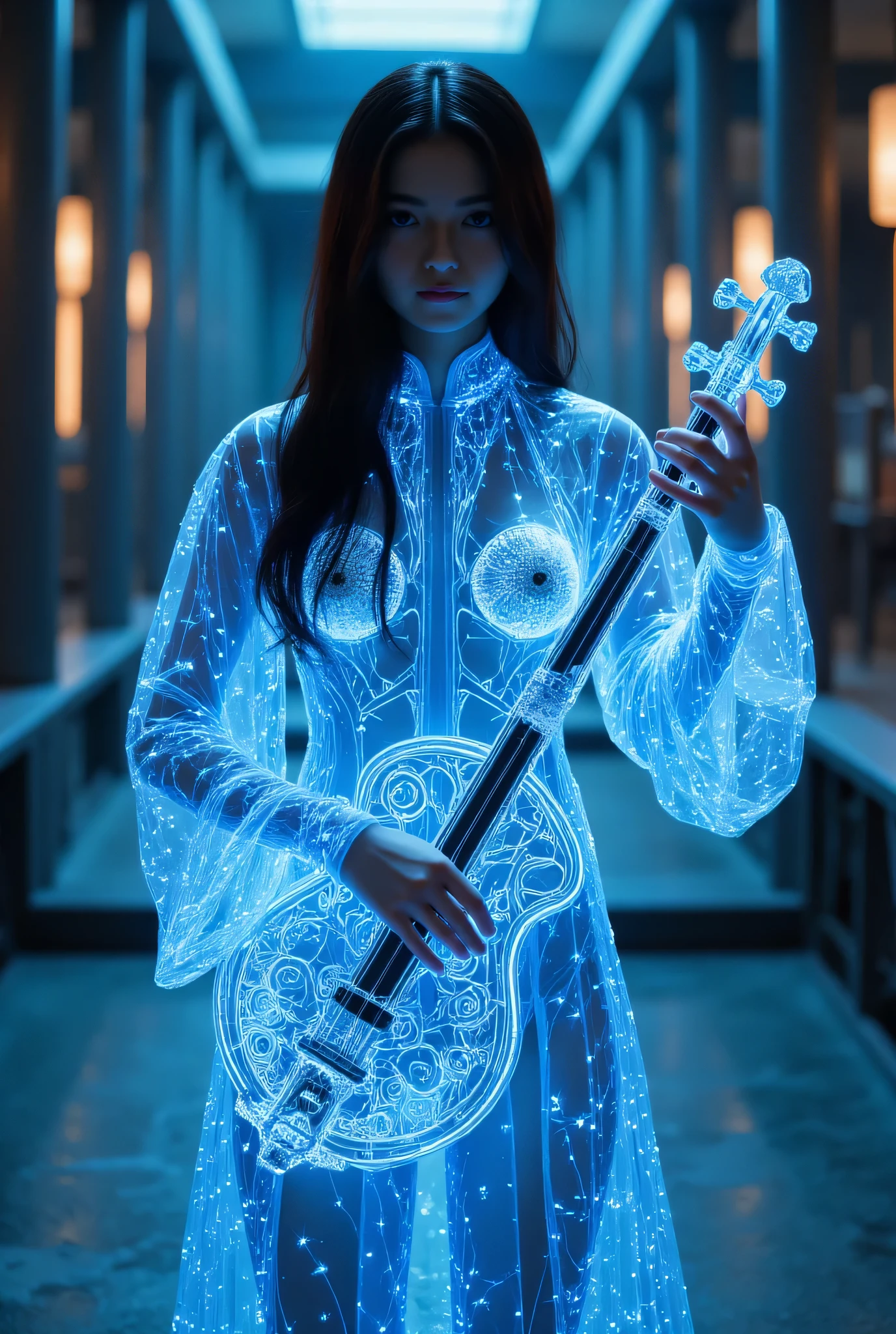 ((A blind monk playing a biwa :2.0)),(( a blind monk playing a biwa :2.0)),((((Play a cyberpunk-style four-string instrument:2.0)))),(((boatswain: Temple of the Wind :2.0))),((( HR Giger style cyberpunk atmosphere:2.0))),((whole body:2.0)), one woman ,( cute face),(Beautiful well-balanced face ),( natural big breasted :1.5),( black hair:1.5),Glamorous shot of a 20 year old Japanese woman , Slender Beautiful Body ,( model body type:1.3),(Slim body:1.3), perfect body line, Ideal Proportions ,( big breasts:1.5),Bare thighs,Voluptuous thighs, delicate body,( Shrimp:1.7),A harmonious posture,(Realistic breast depiction :1.7), carefully depict limbs based on perfect anatomy with deep depth of field,Filled with multicolored LEDs,((Futuristic samurai style blue glowing transparent super high-leg leotard :1.5)),(( super high-leg leotard made of cammie-style glass that fits the body:1.5)),(( monk's robe with an open front over a leotard, blue translucent military coat:1.5)), concept art ,( best quality:1.5),(masterpiece:1.5),(Super high resolution),resolution,UHD,( Delicate Depiction), carefully drawn with butterfly wings ,32K,(( Realistic Skin Texture :1.5)),((( Ultra-realistic :1.5))),Draw eyelashes carefully,Highly detailed faces,Highly detailed female hand,Sexy appearance,Very sensual,(Blurry Dim Backgrounds :1.5), chicken,( movie lights:2.0),(( Blade Runner Style Lights :2.0))