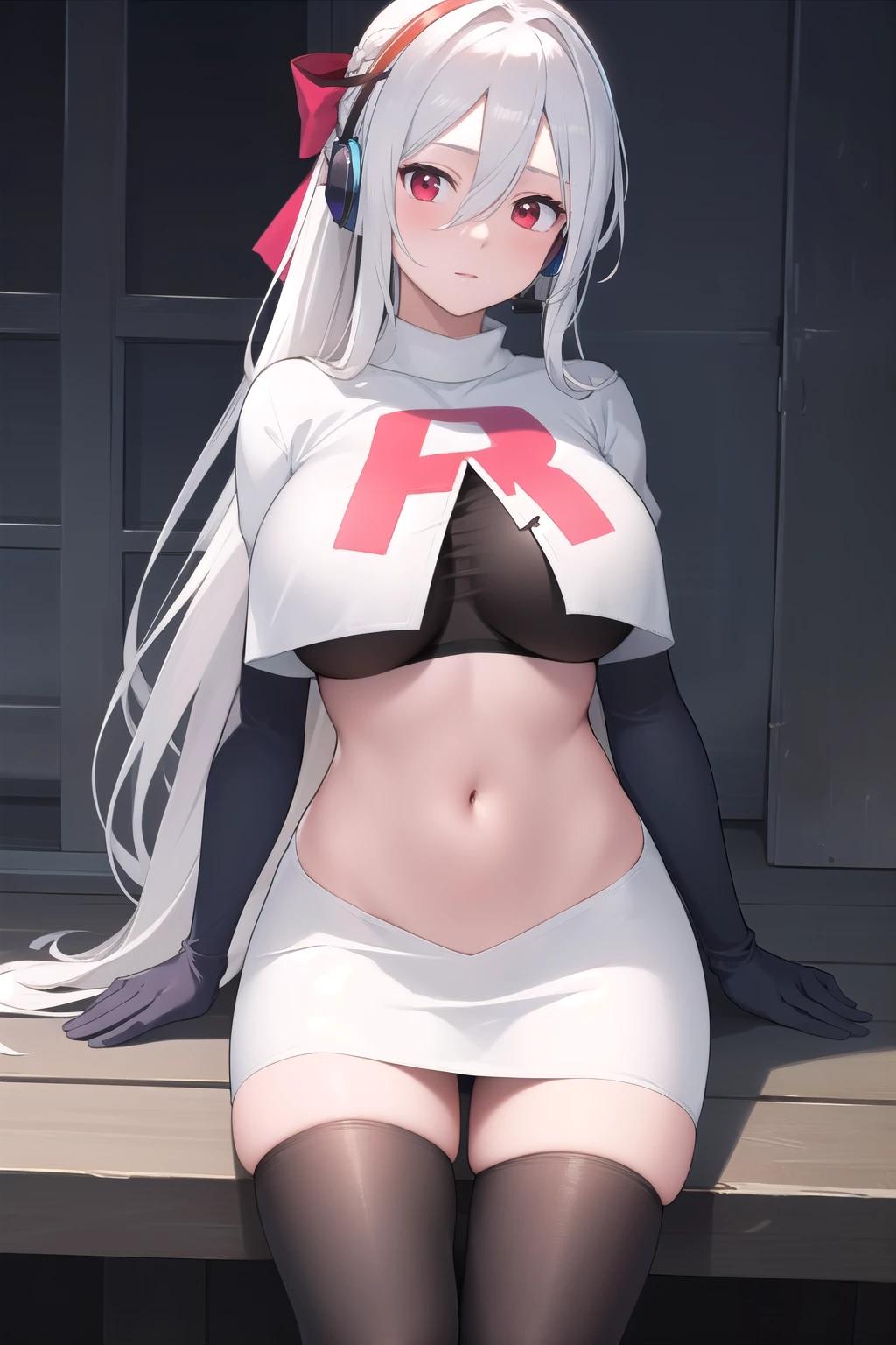 quinella, quinella, absurdly long hair, (purple eyes:1.1), long hair, parted bangs, purple hair, very long hair, hair ornament,
BREAK team rocket,team rocket uniform,white skirt,red letter R,crop top,black thigh-highs,black elbow gloves,
BREAK looking at viewer, cowboy shot,
BREAK (masterpiece:1.2), best quality, high resolution, unity 8k wallpaper, (illustration:0.8), (beautiful detailed eyes:1.6), extremely detailed face, perfect lighting, extremely detailed CG, (perfect hands, perfect anatomy),