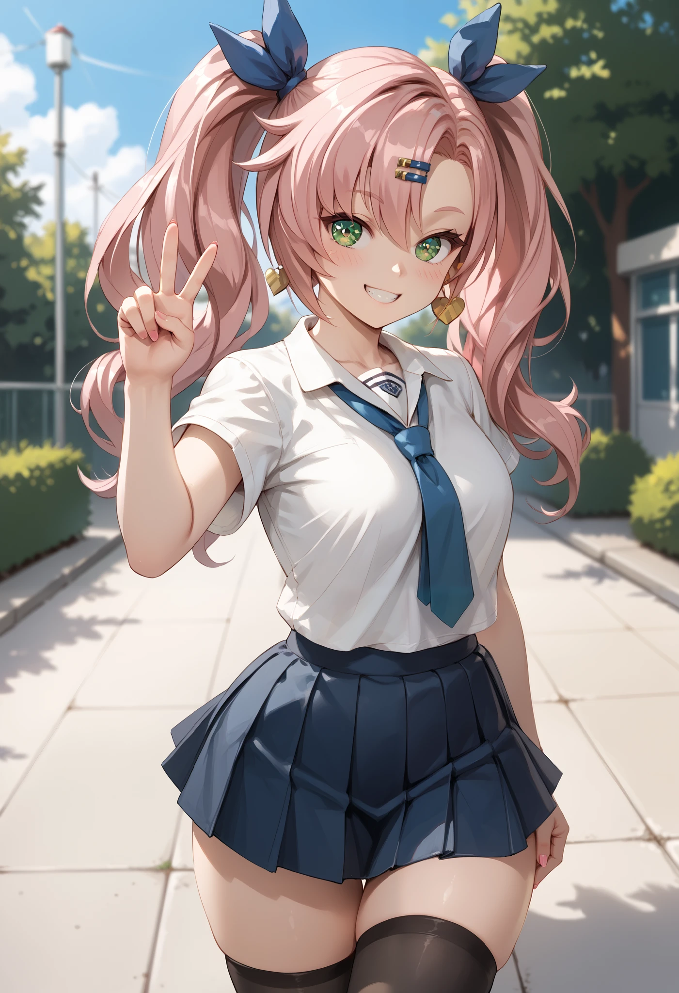 1girl, solo, nicole demara (zenless zone zero), dutch angle, pink hair, ponytails on both sides of the head, green eyes, (beautiful detailed eyes: 1.2), posing for a photo, peace sign, school uniform, white shirt, blue ribbon, short skirt, thigh-high stockings, thicc thighs, cute smile, blush, school courtyard, wallpaper, masterpiece, high quality, highly detailed