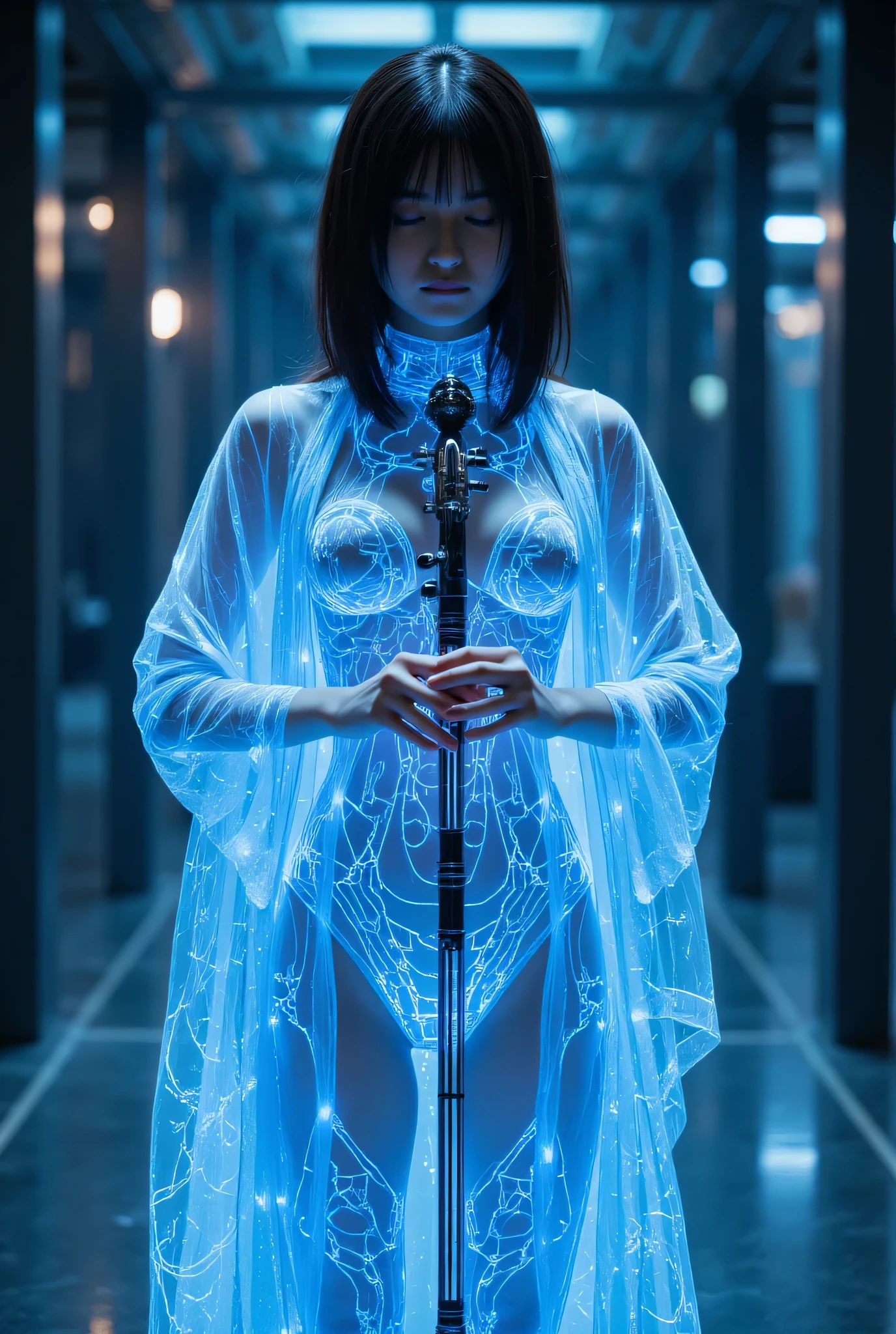 ((A blind monk playing a biwa :2.0)),(( a blind monk playing a biwa :2.0)),((((Play a cyberpunk-style four-string instrument:2.0)))),(((boatswain: Temple of the Wind :2.0))),((( HR Giger style cyberpunk atmosphere:2.0))),((whole body:2.0)), one woman ,( cute face),(Beautiful well-balanced face ),( natural big breasted :1.5),( black hair:1.5),Glamorous shot of a 20 year old Japanese woman , Slender Beautiful Body ,( model body type:1.3),(Slim body:1.3), perfect body line, Ideal Proportions ,( big breasts:1.5),Bare thighs,Voluptuous thighs, delicate body,( Shrimp:1.7),A harmonious posture,(Realistic breast depiction :1.7), carefully depict limbs based on perfect anatomy with deep depth of field,Filled with multicolored LEDs,((Futuristic samurai style blue glowing transparent super high-leg leotard :1.5)),(( super high-leg leotard made of cammie-style glass that fits the body:1.5)),(( monk's robe with an open front over a leotard, blue translucent military coat:1.5)), concept art ,( best quality:1.5),(masterpiece:1.5),(Super high resolution),resolution,UHD,( Delicate Depiction), carefully drawn with butterfly wings ,32K,(( Realistic Skin Texture :1.5)),((( Ultra-realistic :1.5))),Draw eyelashes carefully,Highly detailed faces,Highly detailed female hand,Sexy appearance,Very sensual,(Blurry Dim Backgrounds :1.5), chicken,( movie lights:2.0),(( Blade Runner Style Lights :2.0))